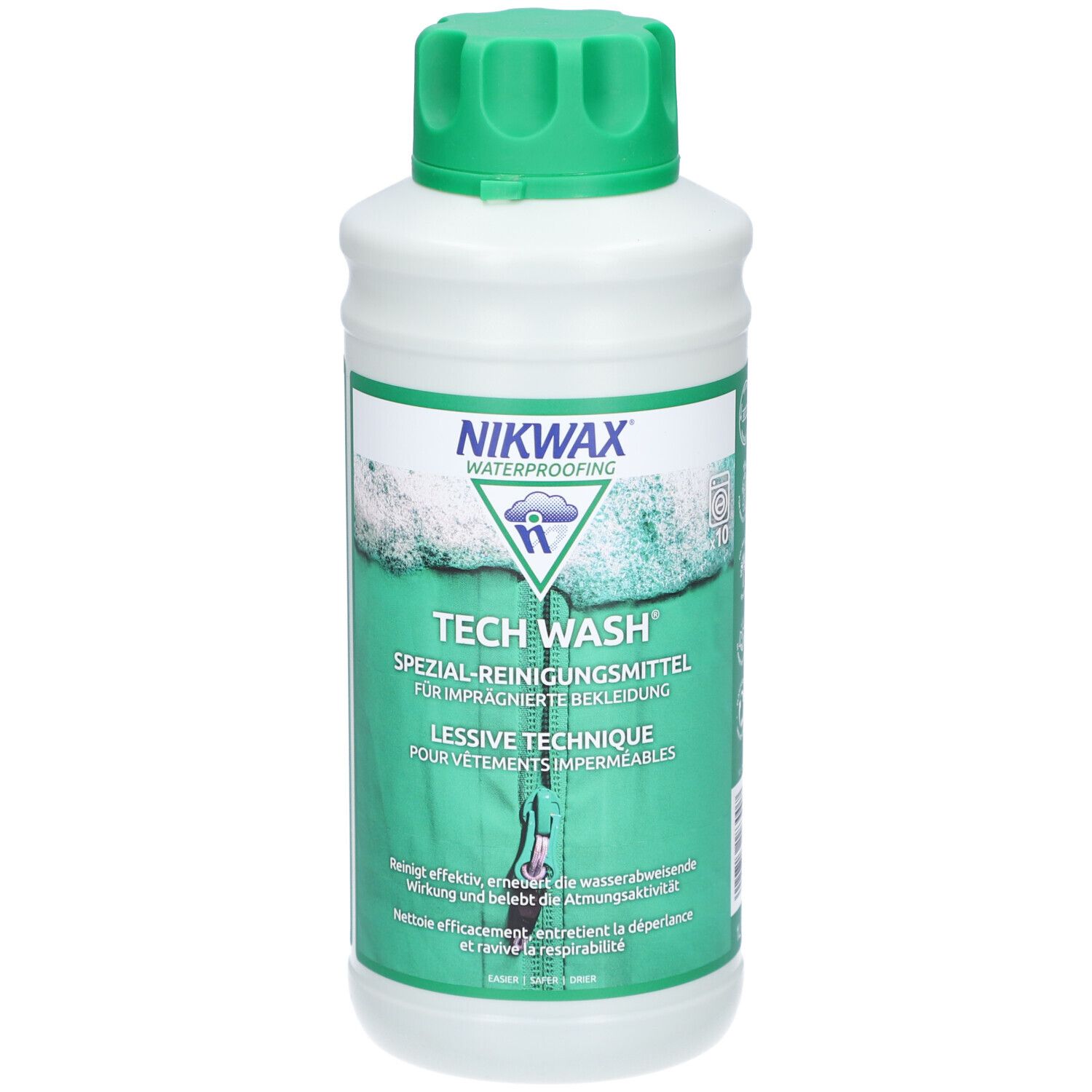 Witte fles met groene dop. Opschrift: Nikwax Tech Wash. Speciale reiniger voor geïmpregneerde kleding. Fles staat.
