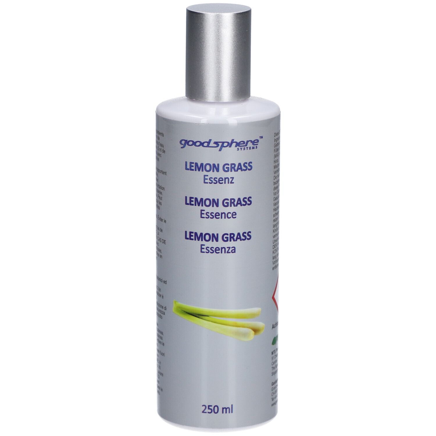 Fles met zilveren dop. Opschrift: Goodsphere Lemon Grass Essenz. Illustratie van citroengras. 250 ml.
