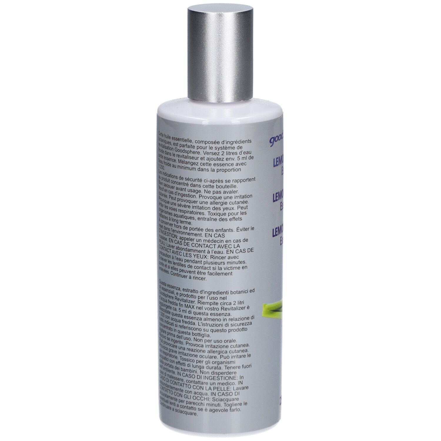 Achterkant van de fles. Tekst in meerdere talen. Illustratie van citroengras. Zilveren dop.