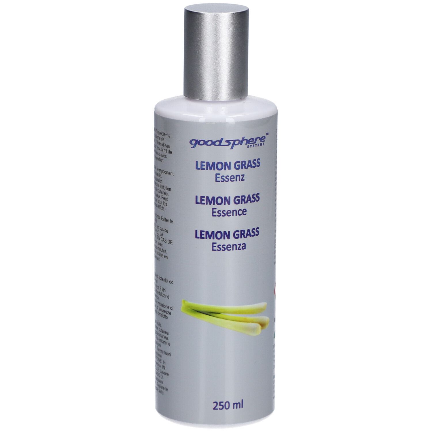 Fles met zilveren dop. Opschrift: Goodsphere Lemon Grass Essenz. Illustratie van citroengras. 250 ml.