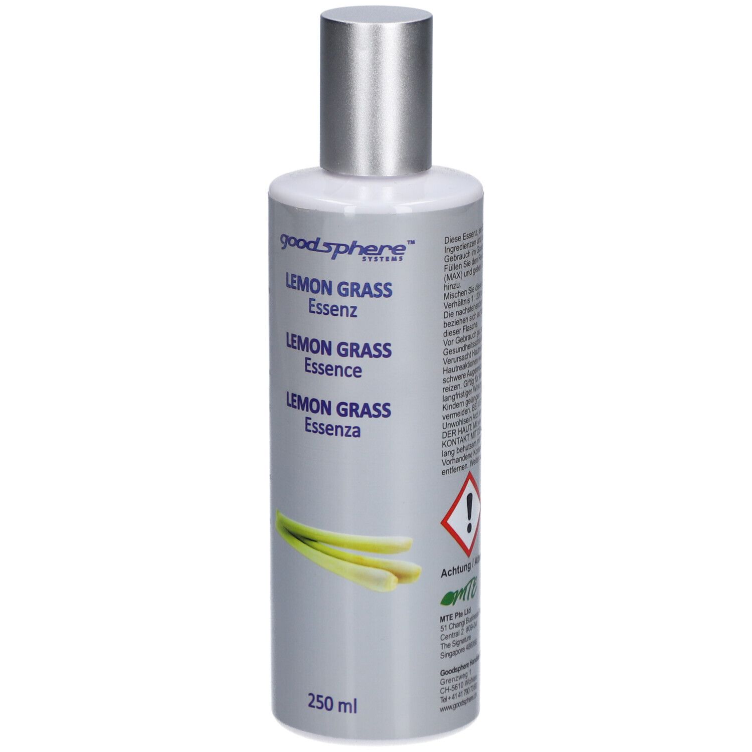 Fles met zilveren dop. Opschrift: Goodsphere Lemon Grass Essenz. Illustratie van citroengras. 250 ml. Gevaarsymbool.