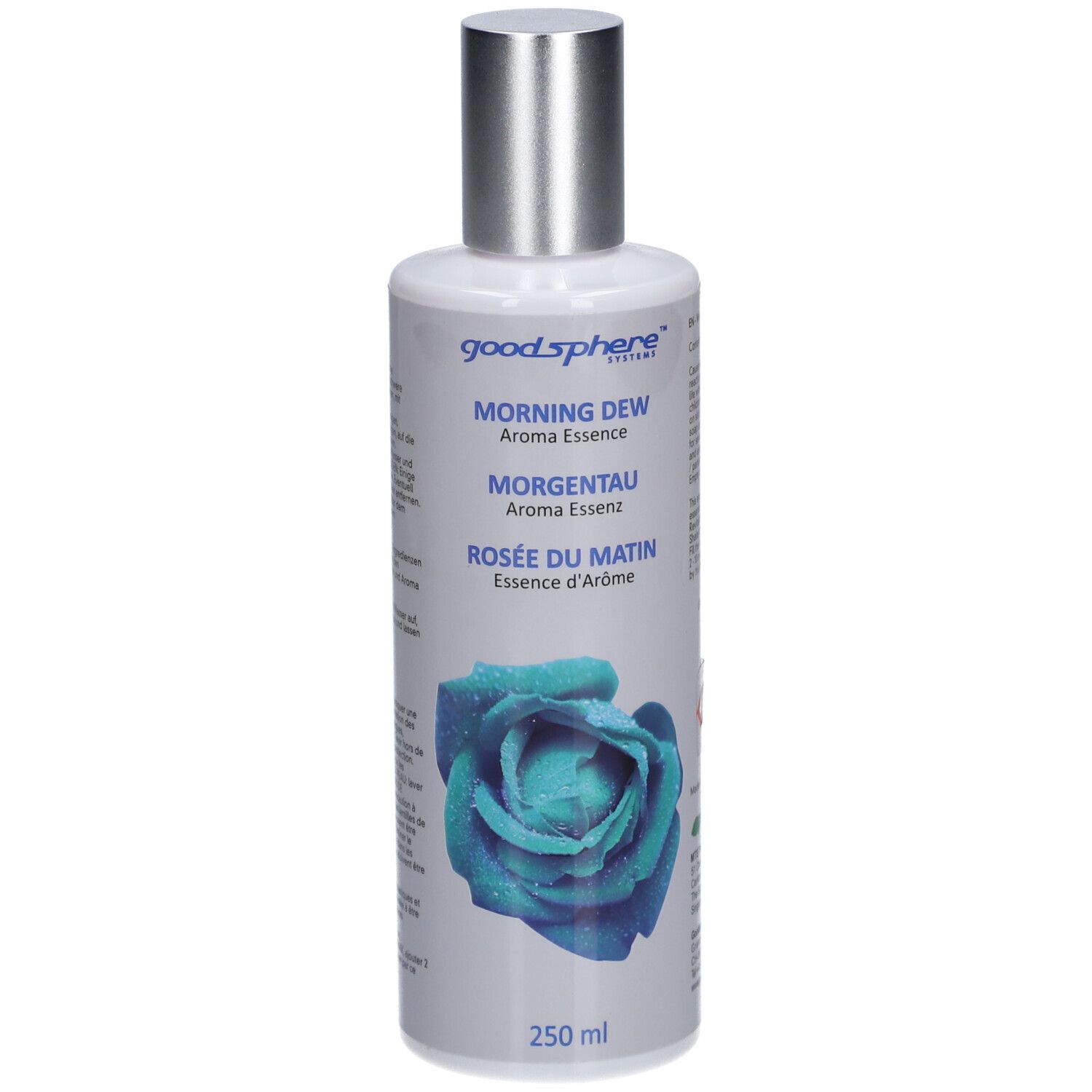 Flacon avec bouchon argenté. Inscription: Morning Dew Aroma Essence, Morgentau Aroma Essenz, Rosée du Matin Essence d'Arôme. 250 ml.
