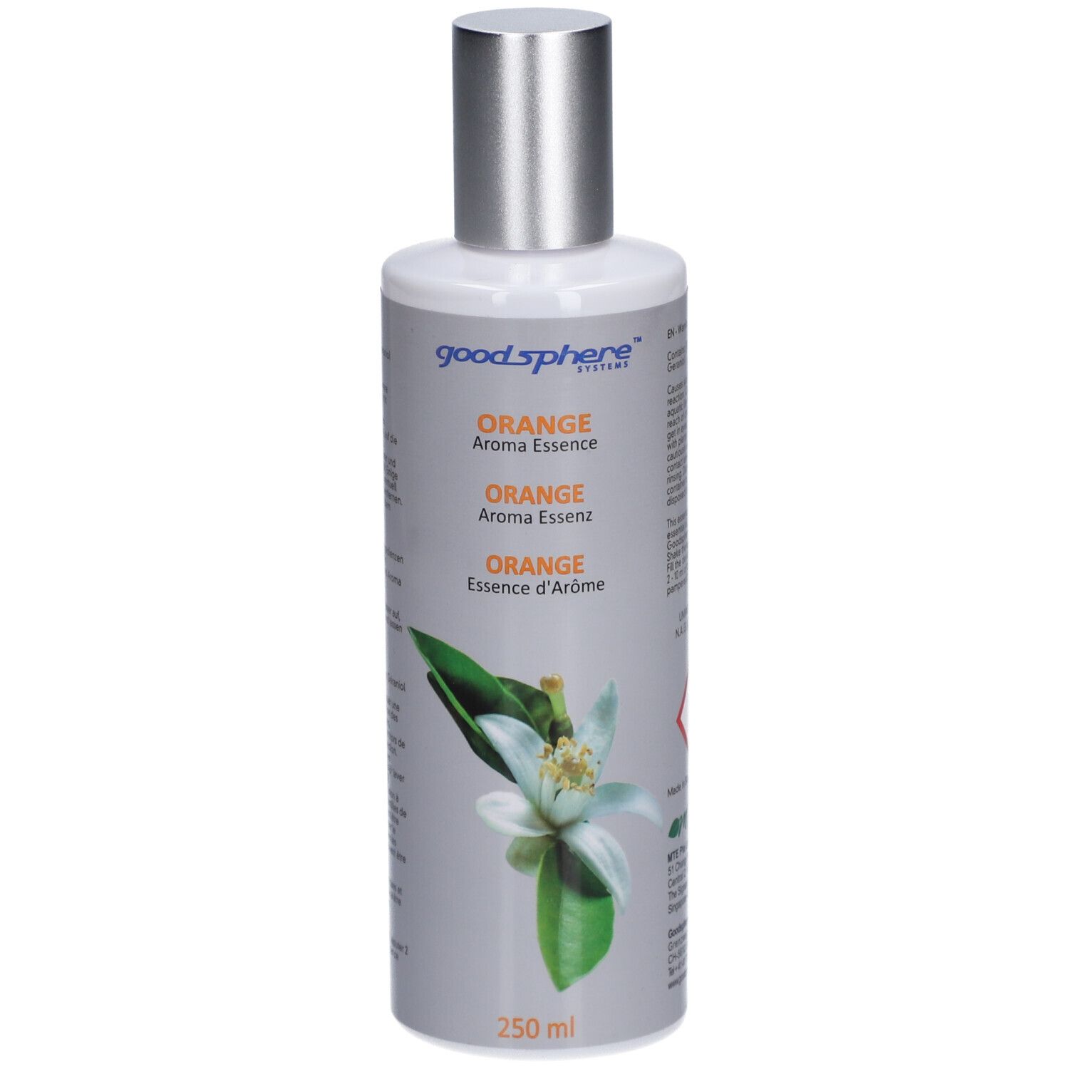 Fles met zilveren dop. Opschrift: Goodsphere, Orange Aroma Essenz. Illustratie van een bloem. 250 ml.