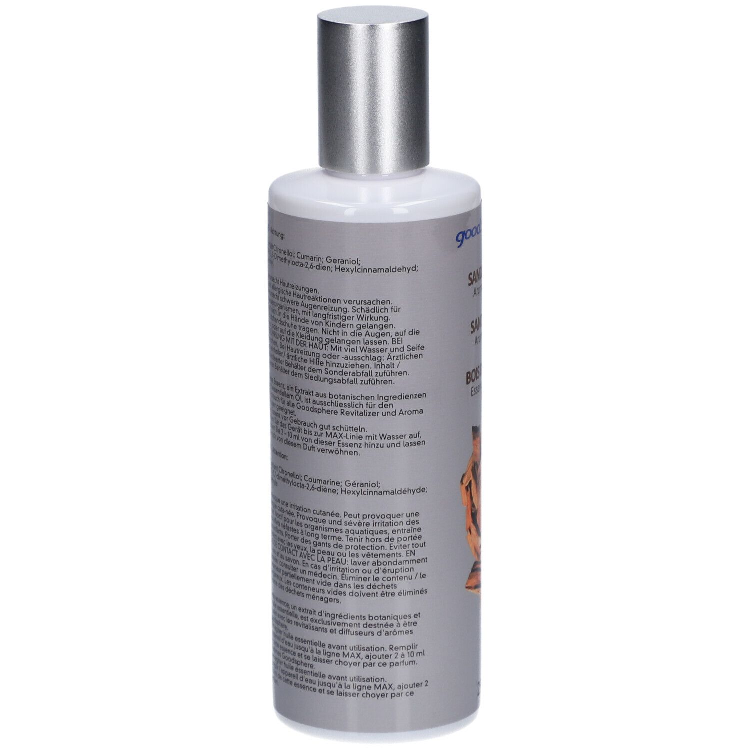 Fles met zilveren dop. Achterkant met tekst in het Duits en Frans. Bevat ingrediënten.