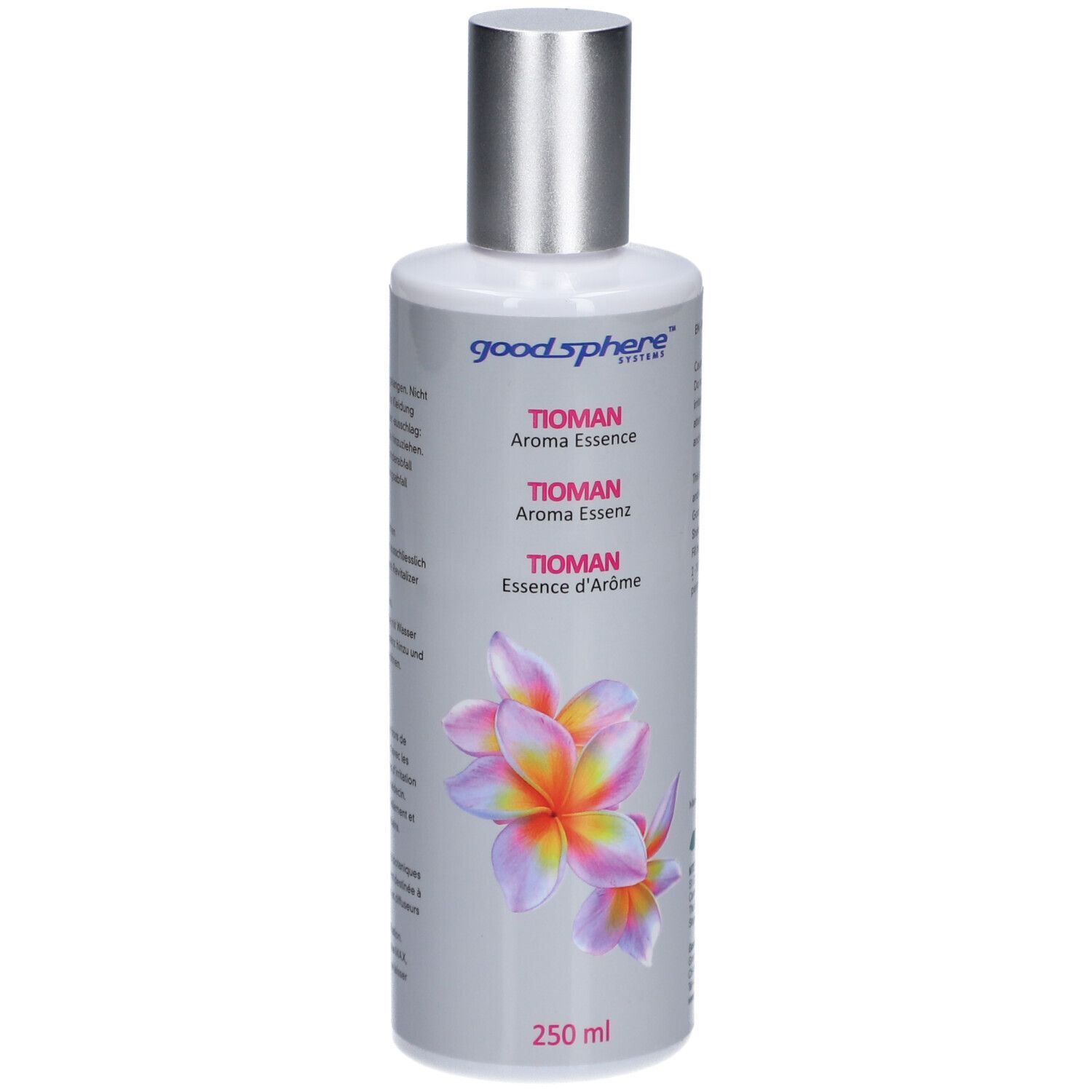 Flacon gris avec bouchon argenté. Inscription: TIOMAN Aroma Essenz. Illustration florale. 250 ml.