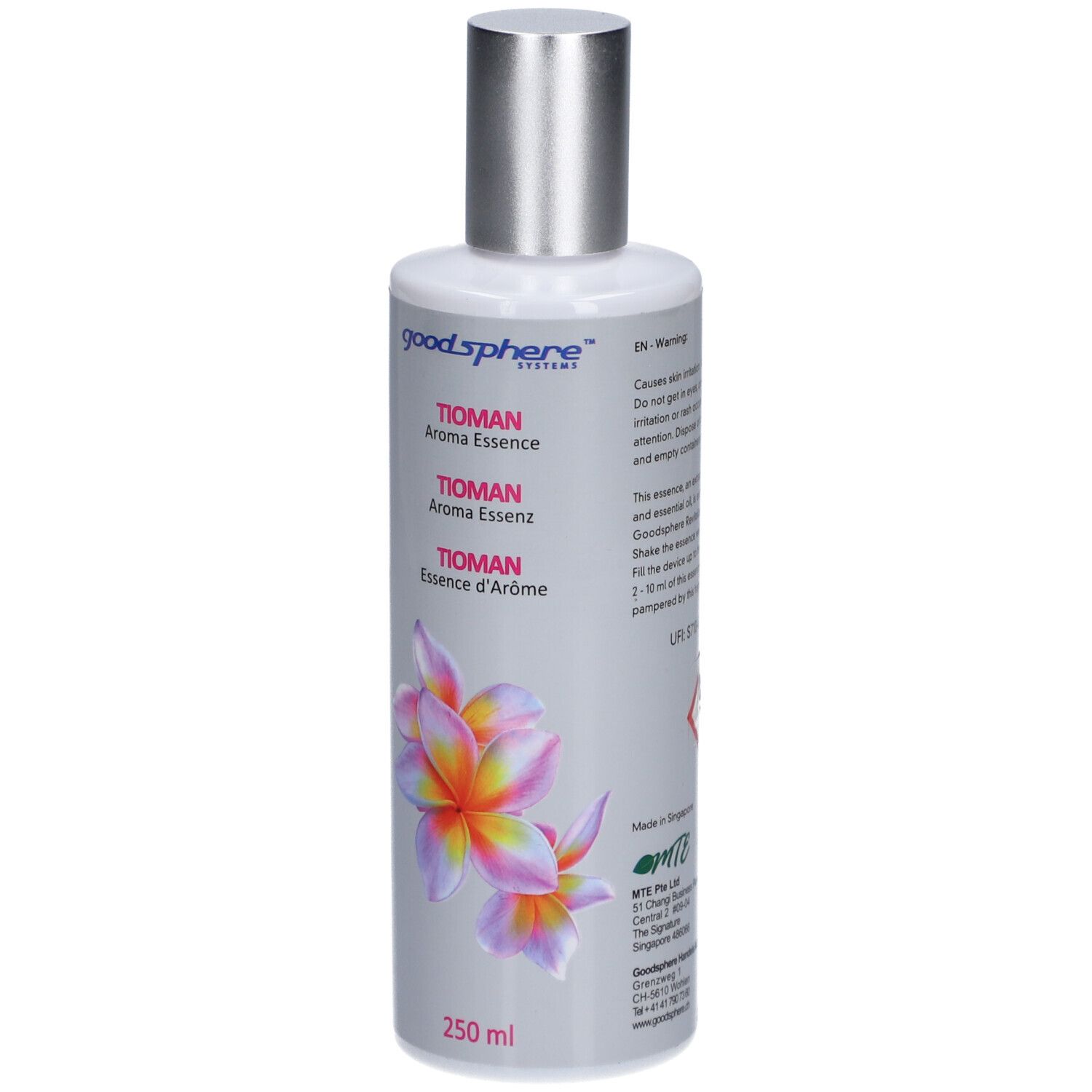 Dos du flacon gris avec bouchon argenté. Texte multilingue. Symbole de danger.