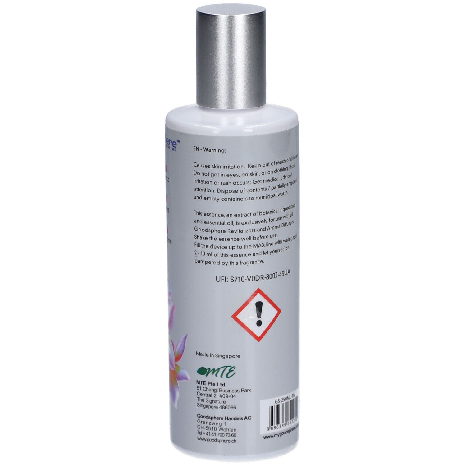 Dos du flacon gris avec bouchon argenté. Texte multilingue. Symbole de danger.