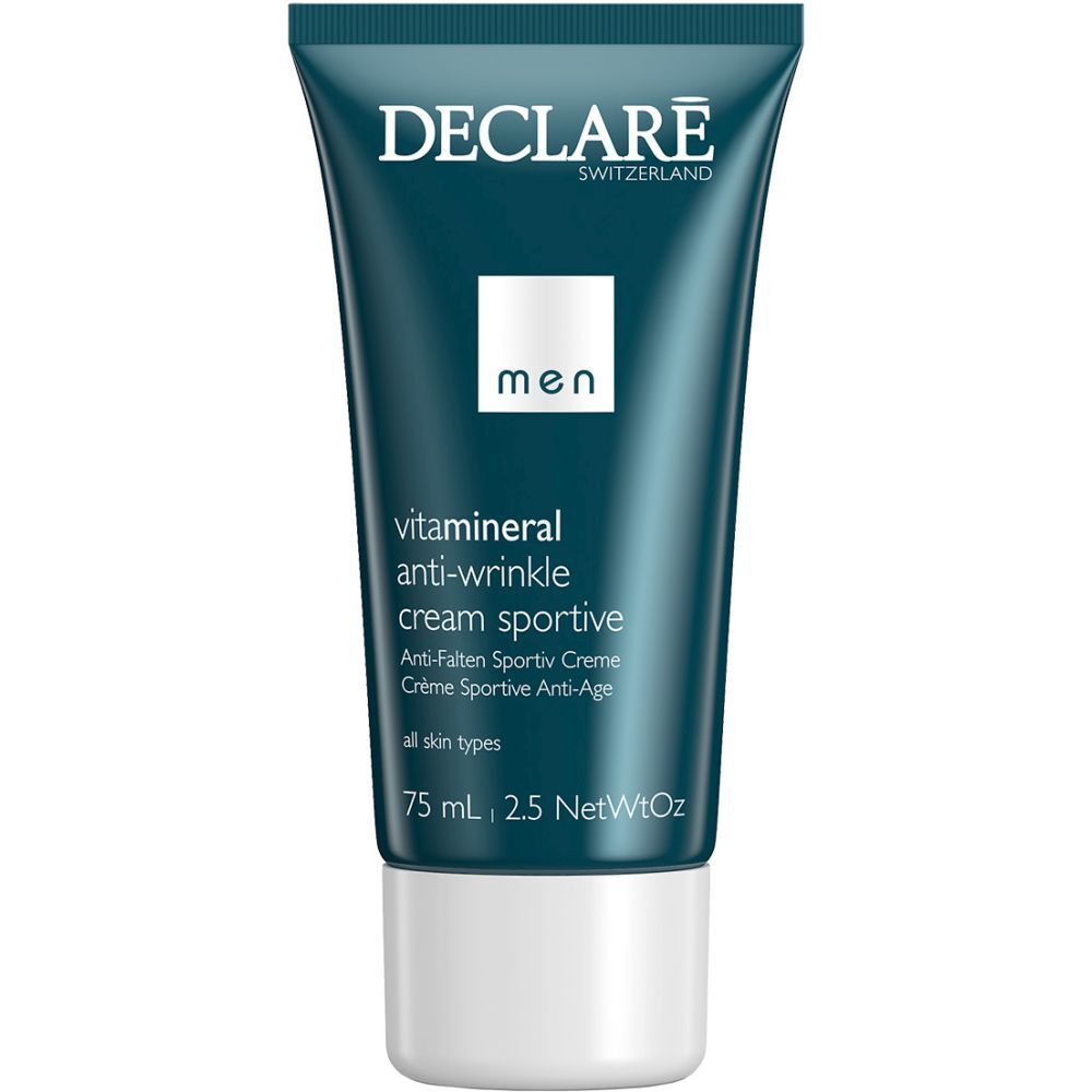 Blauwe en witte tube met Declare-logo en productnaam. Bevat 75 ml anti-rimpelcrème voor mannen.