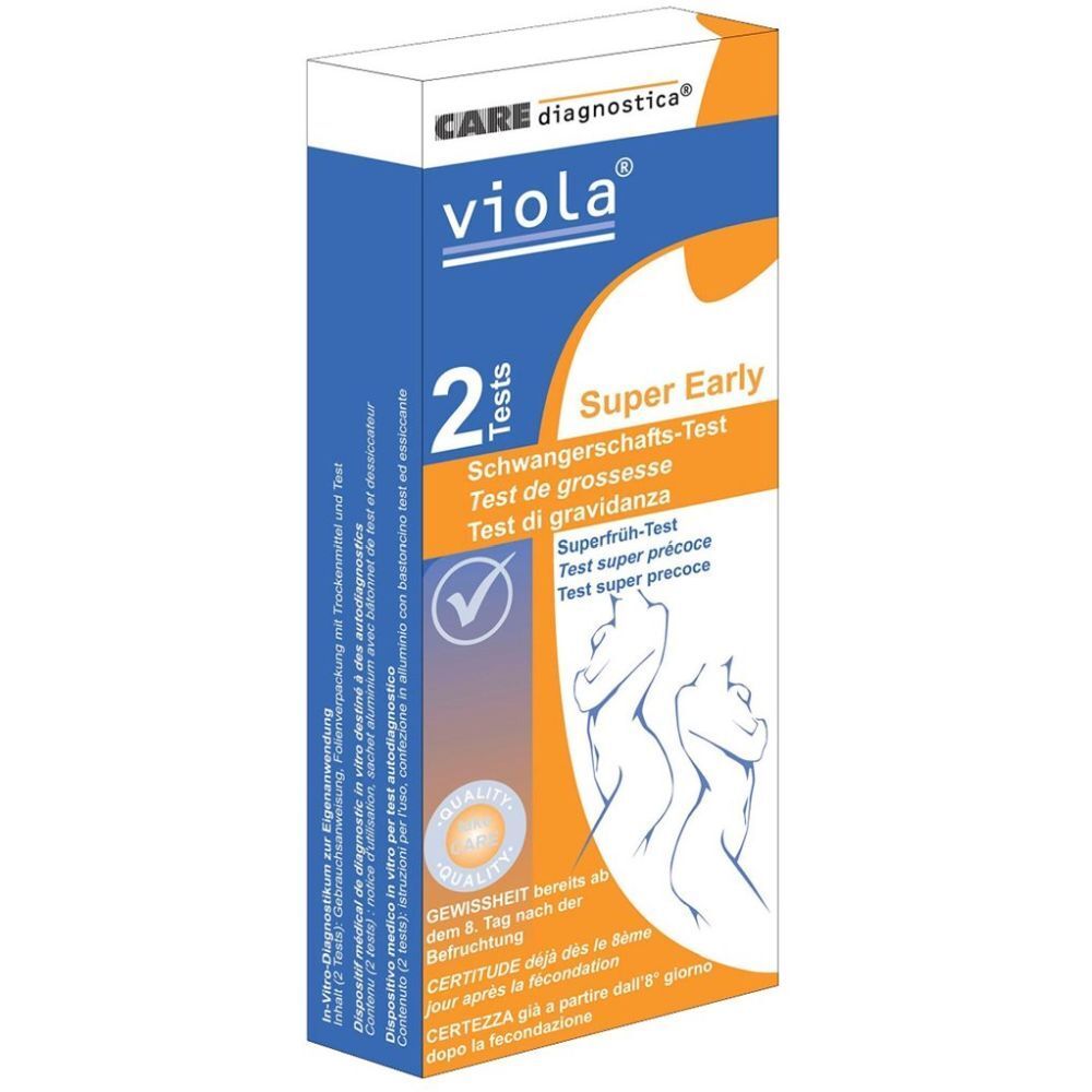 Emballage de test de grossesse viola®. Contient 2 tests. Inscription: Super Early.