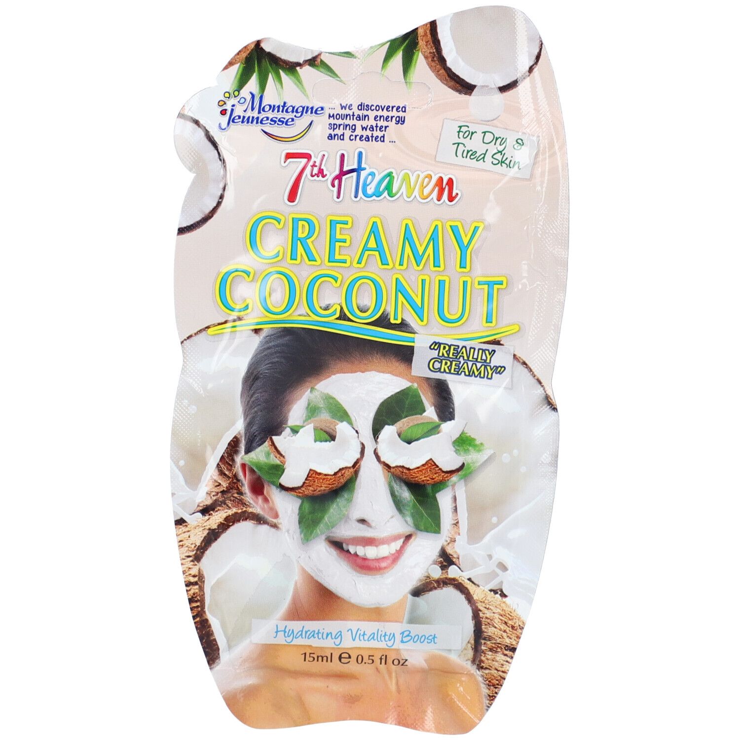 Masque facial avec motif noix de coco. Emballage avec nom et logo du produit. Femme avec masque et décorations noix de coco.