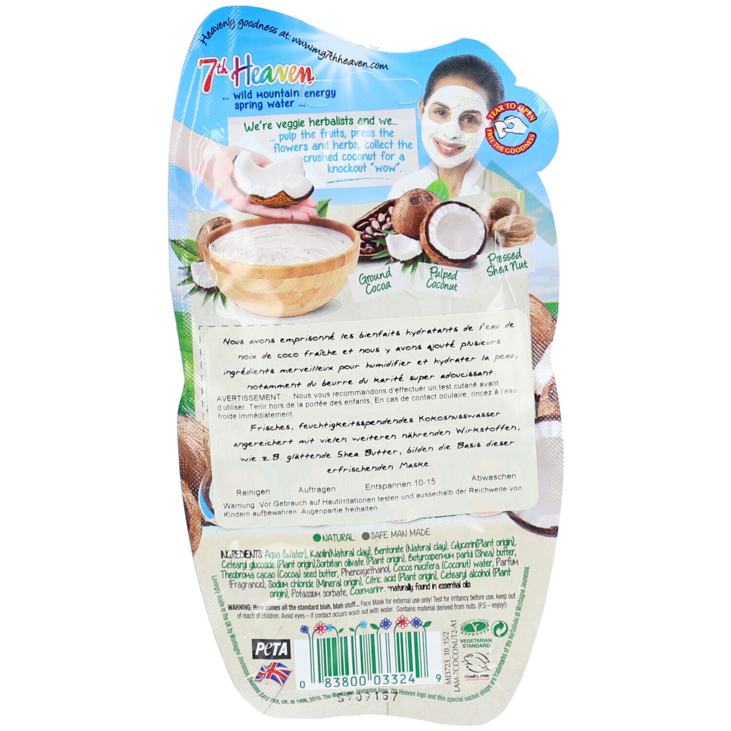 Dos de l'emballage du masque facial. Texte et liste des ingrédients. Illustration de noix de coco et produit. Logo PETA.
