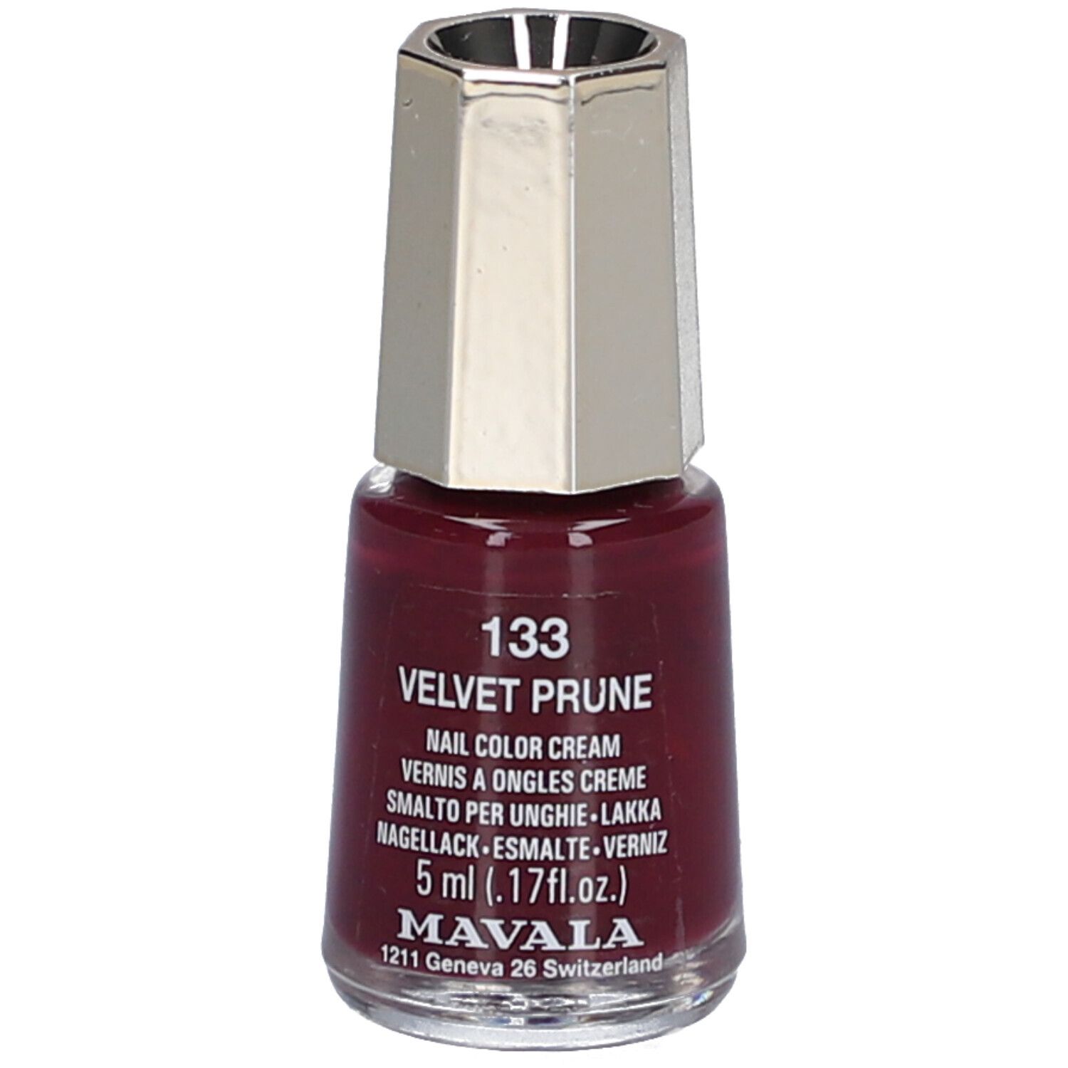Flacon de vernis à ongles Velvet Prune 133. Bouchon argenté. 5 ml. Inscription: Nail Color Cream.