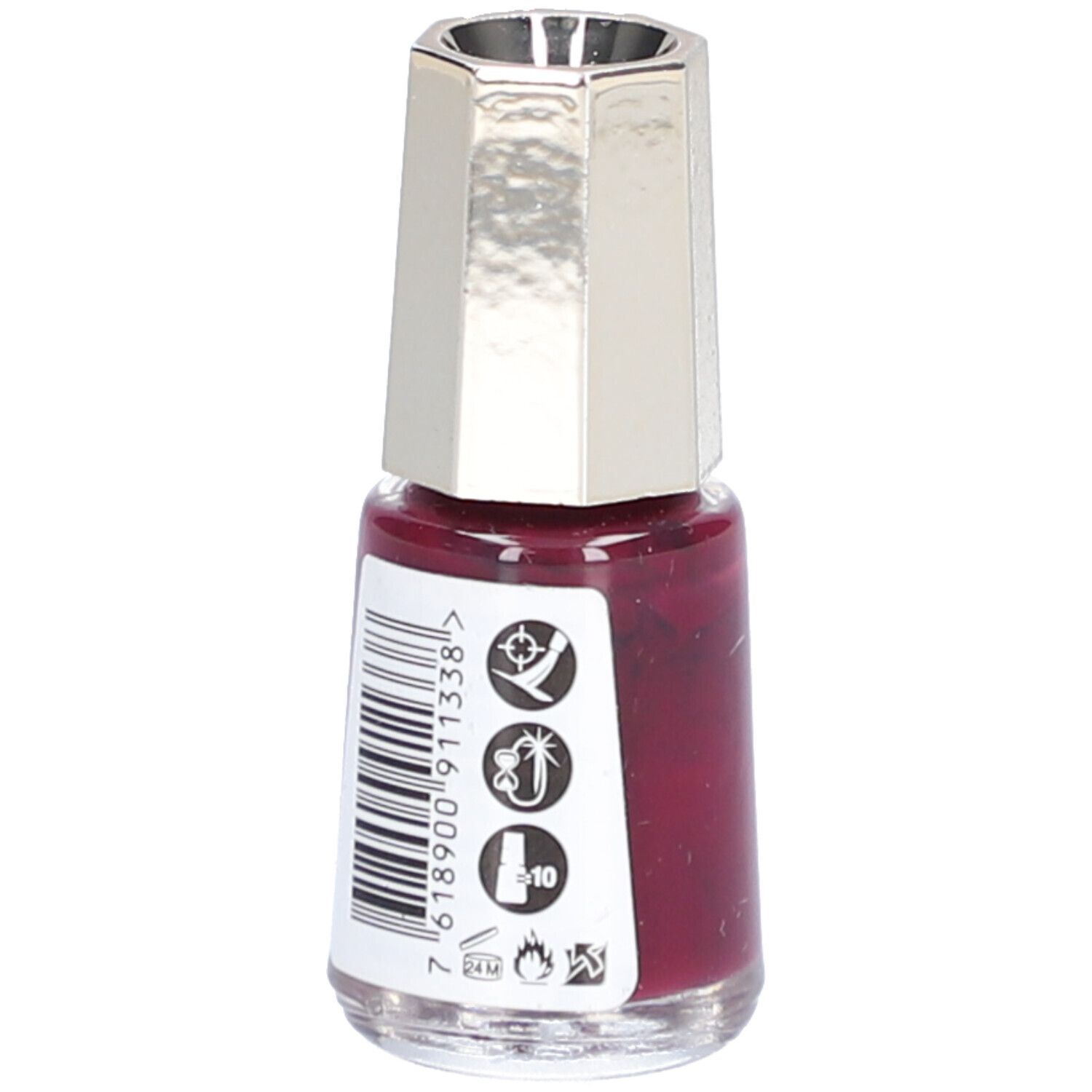 Flacon de vernis à ongles Velvet Prune 133. Dos avec code-barres et symboles. 5 ml.