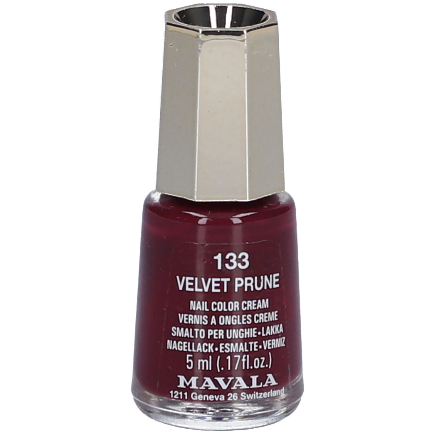 Flacon de vernis à ongles Velvet Prune 133. Bouchon argenté. 5 ml. Inscription: Nail Color Cream.