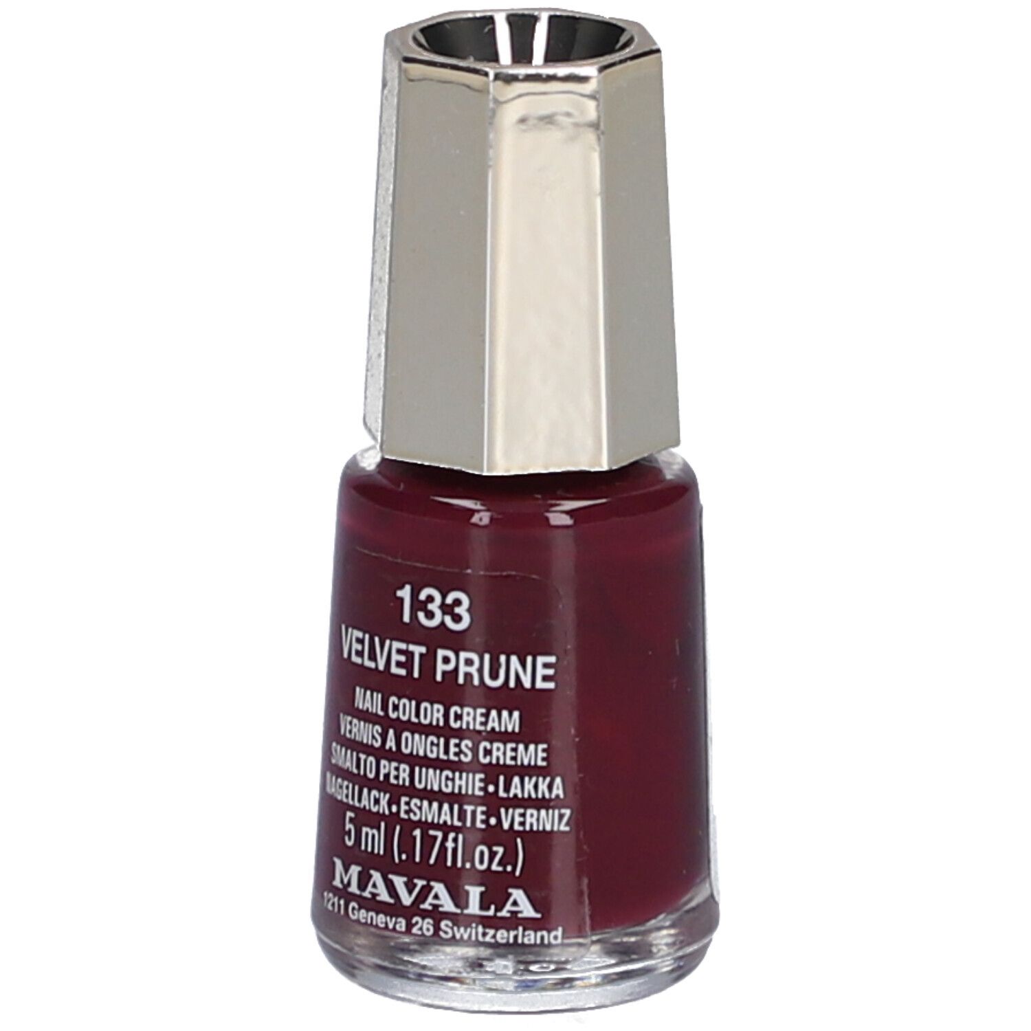 Flacon de vernis à ongles Velvet Prune 133. Bouchon argenté. 5 ml. Inscription: Nail Color Cream.
