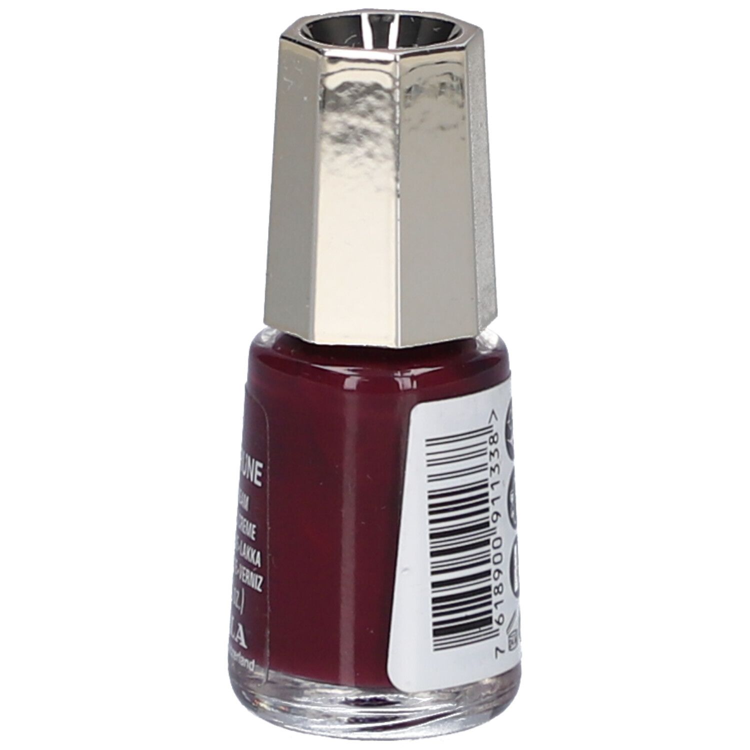 Flacon de vernis à ongles Velvet Prune 133. Dos avec code-barres et symboles. 5 ml.
