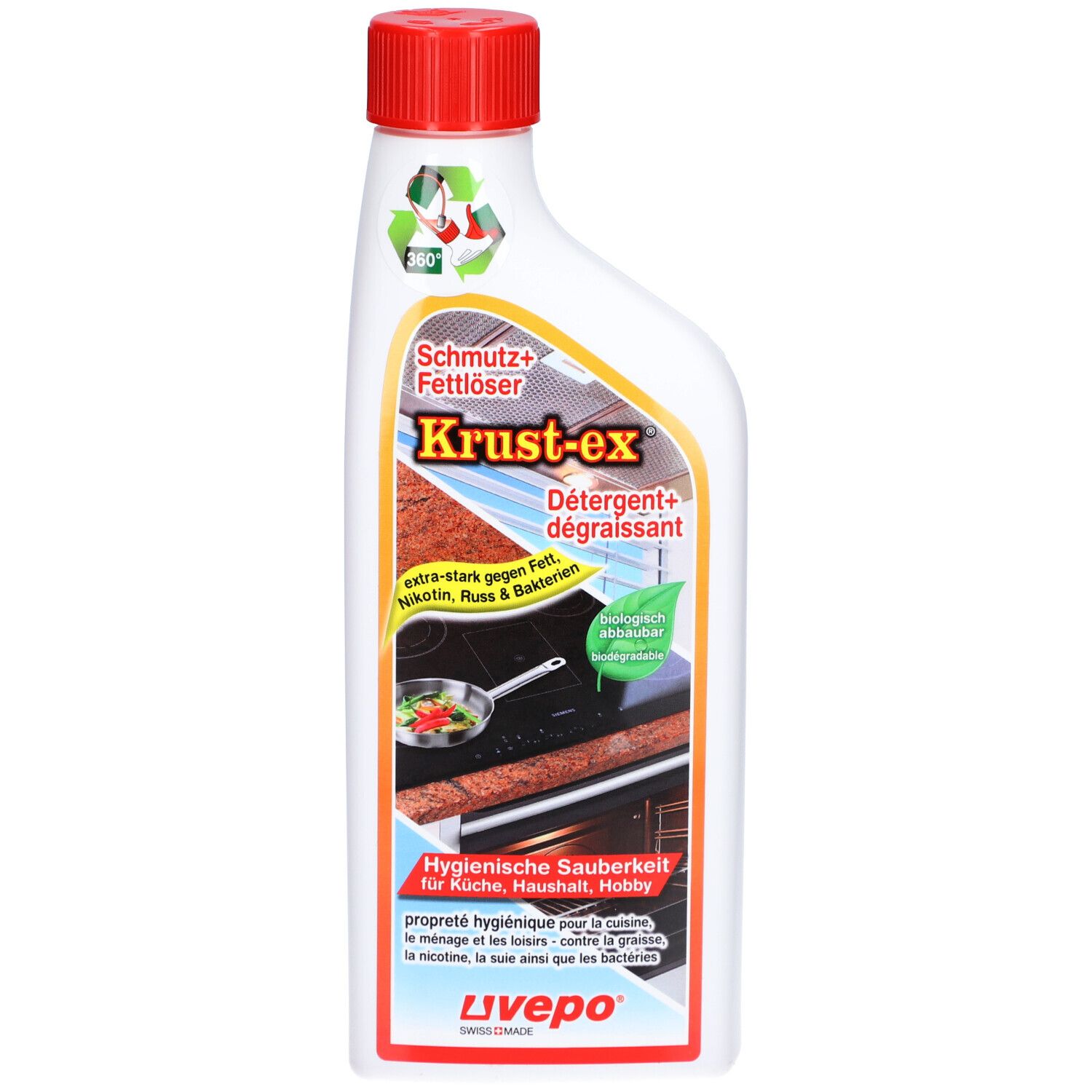 Witte fles met rode dop. Opschrift Krust-ex, Dégraissant, ontvetter. Illustraties van keuken en oven.