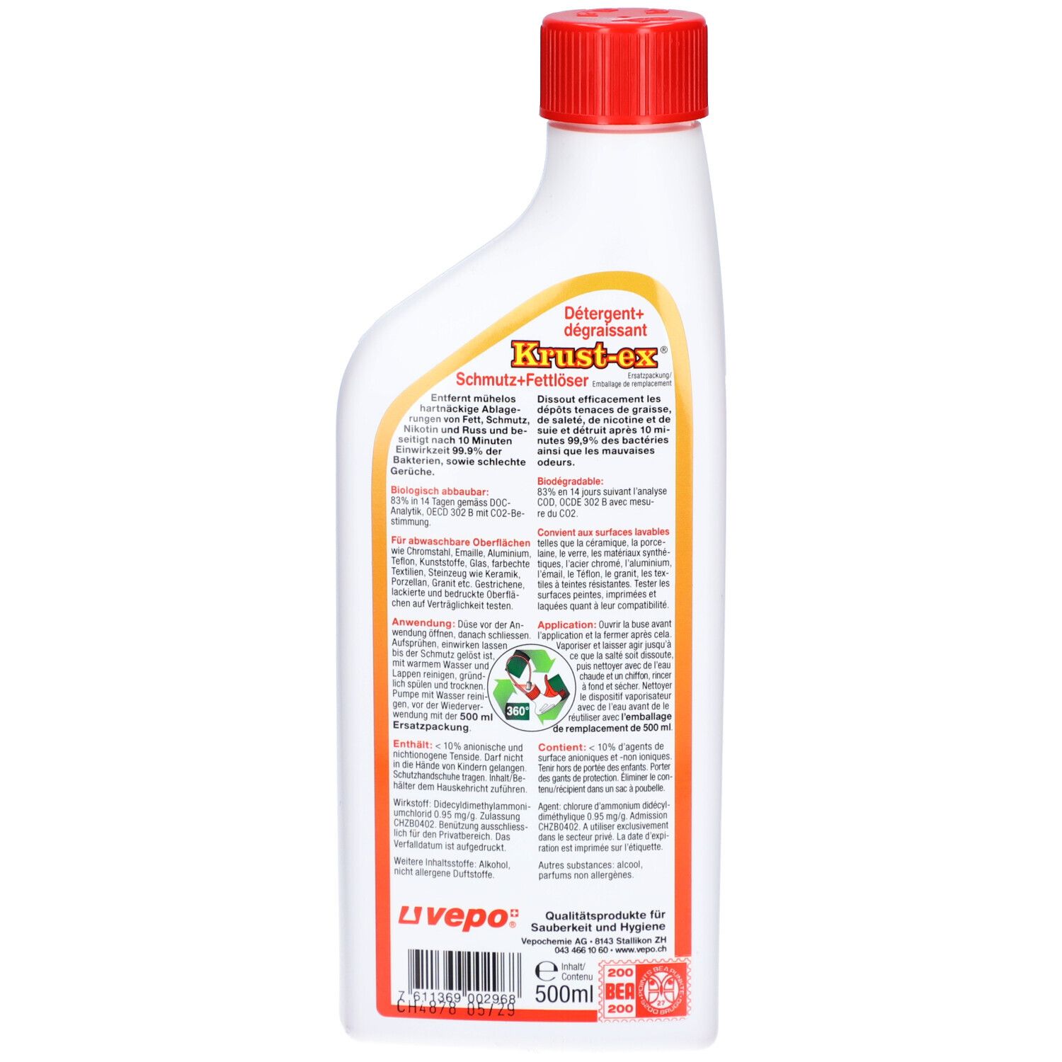 Achterkant van een fles met rode dop. Tekst: Krust-ex, Dégraissant, ontvetter. Informatie en recycling symbool.