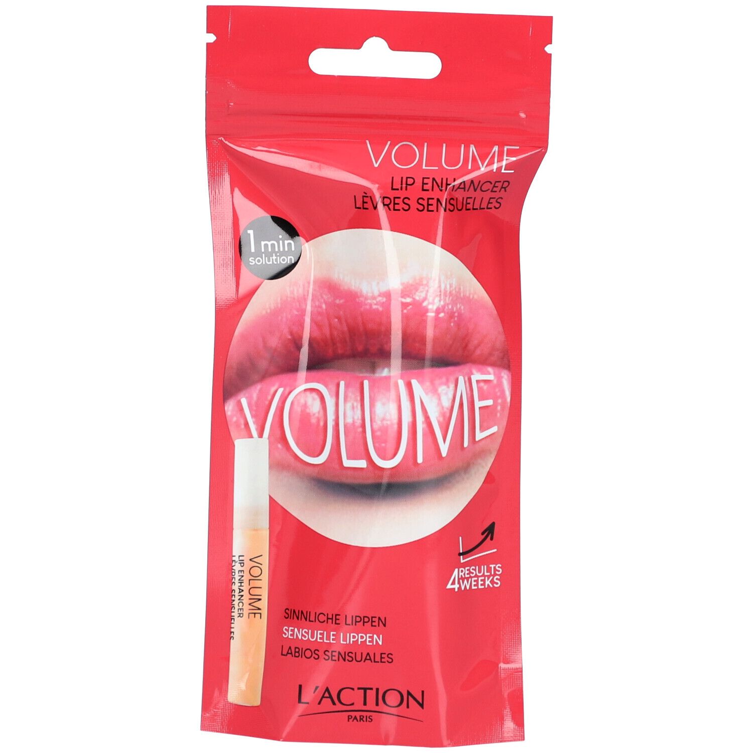 Rode verpakking met productafbeelding. Tekst: VOLUME, LIP ENHANCER, LÈVRES SENSUELLES. Kleine applicator zichtbaar.