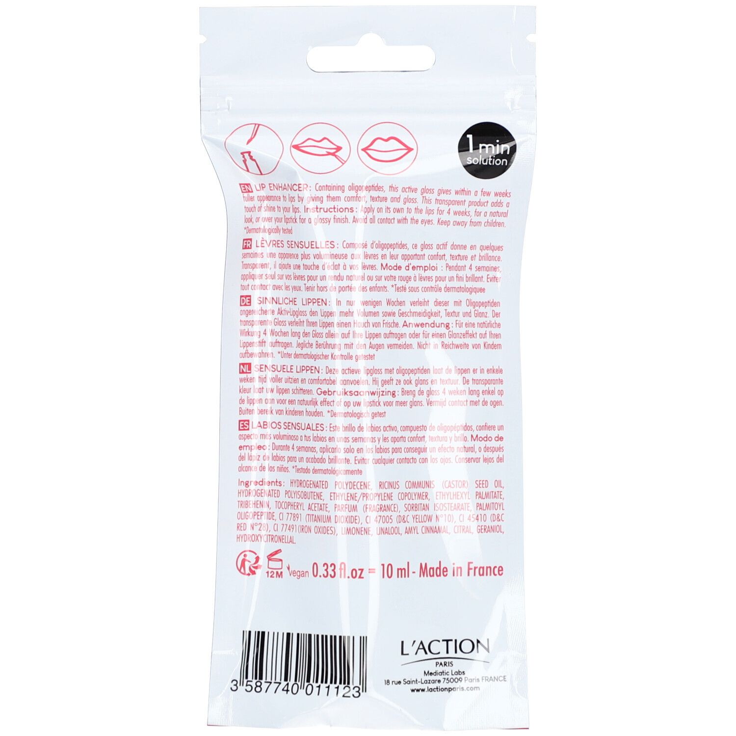 Achterkant van de verpakking. Tekst: LIP ENHANCE, LÈVRES SENSUELLES, 1 min solution. Ingrediënten en fabrikantinfo.
