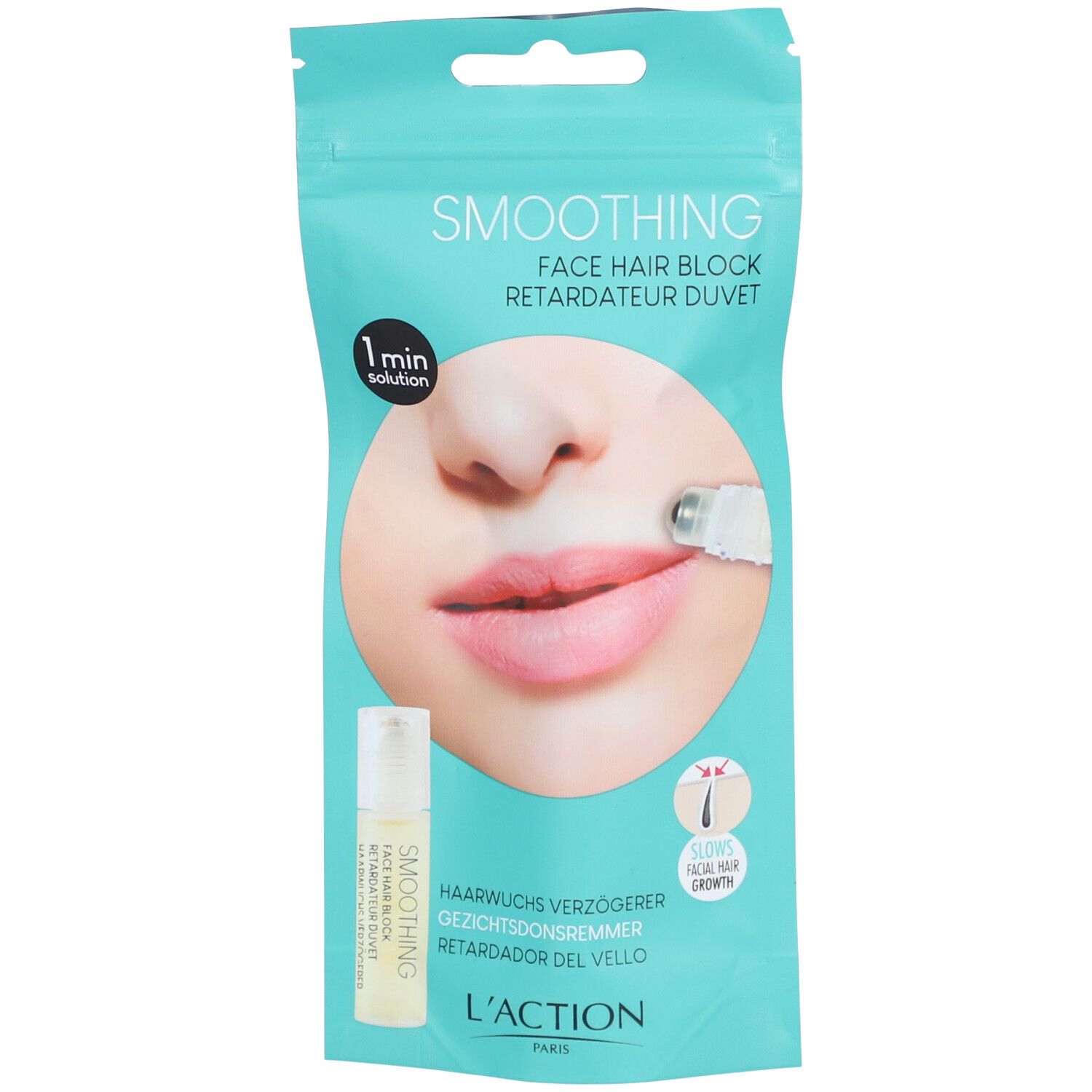 Verpakking met serum. Opschrift: "Smoothing Face Hair Block". Productillustratie en applicator.