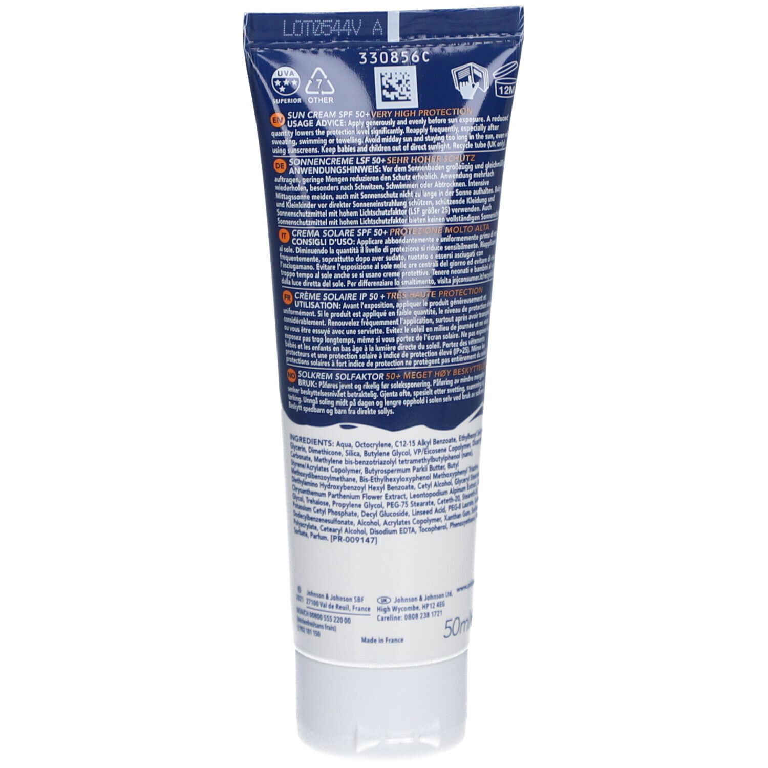 Dos du tube. Texte multilingue. Ingrédients. Logo Johnson & Johnson. 50ml.