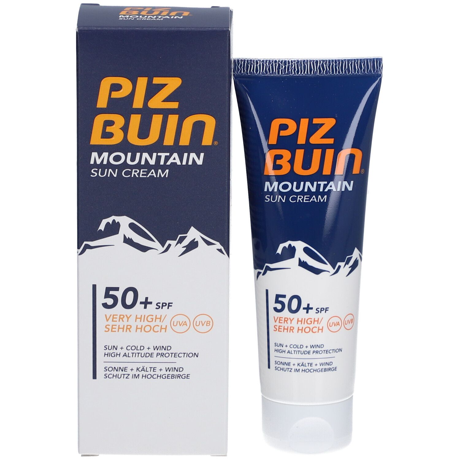 Produit et emballage. Tube et boîte. Inscription: PIZ BUIN MOUNTAIN SUN CREAM. 50+ SPF. Graphique de montagnes.