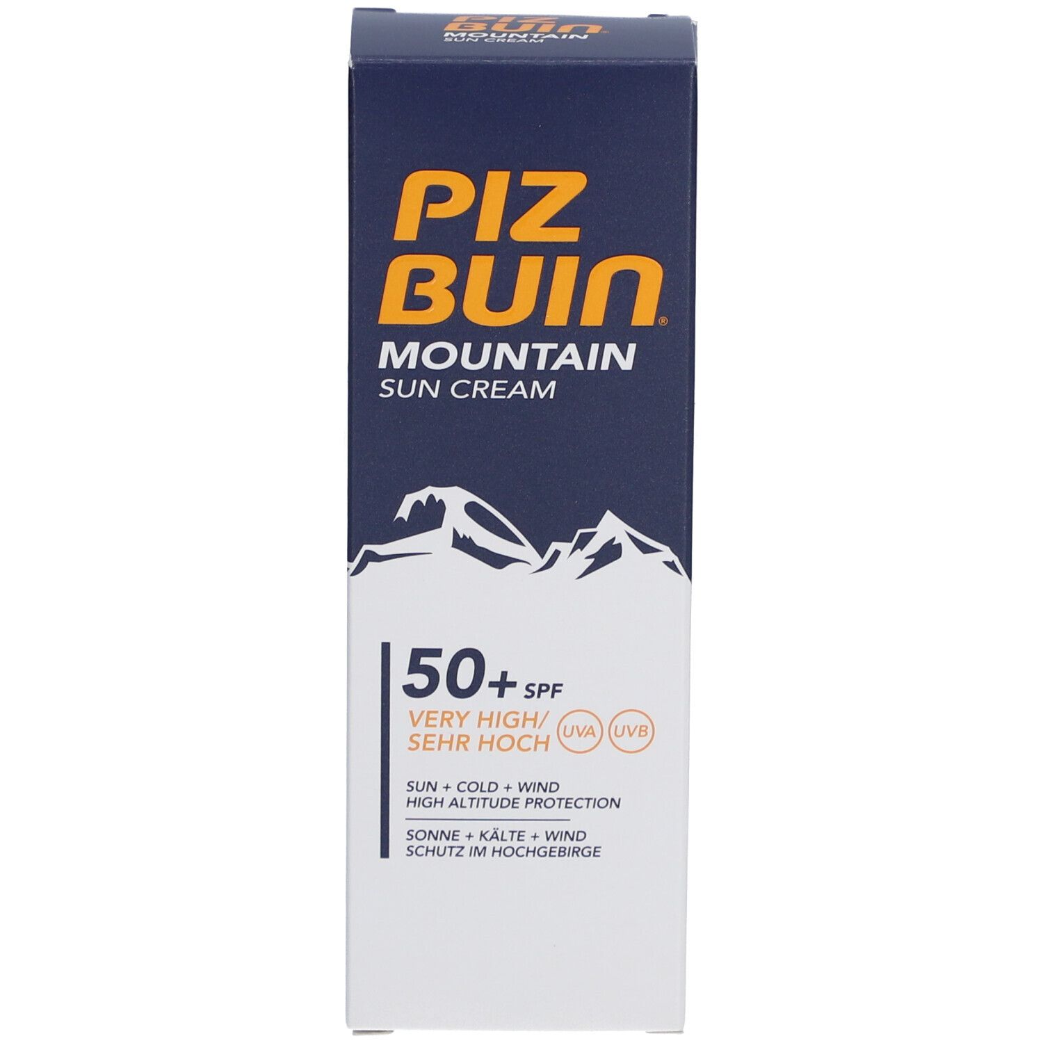 Boîte. Inscription: PIZ BUIN MOUNTAIN SUN CREAM. 50+ SPF. Graphique de montagnes. Texte. Protection UV.