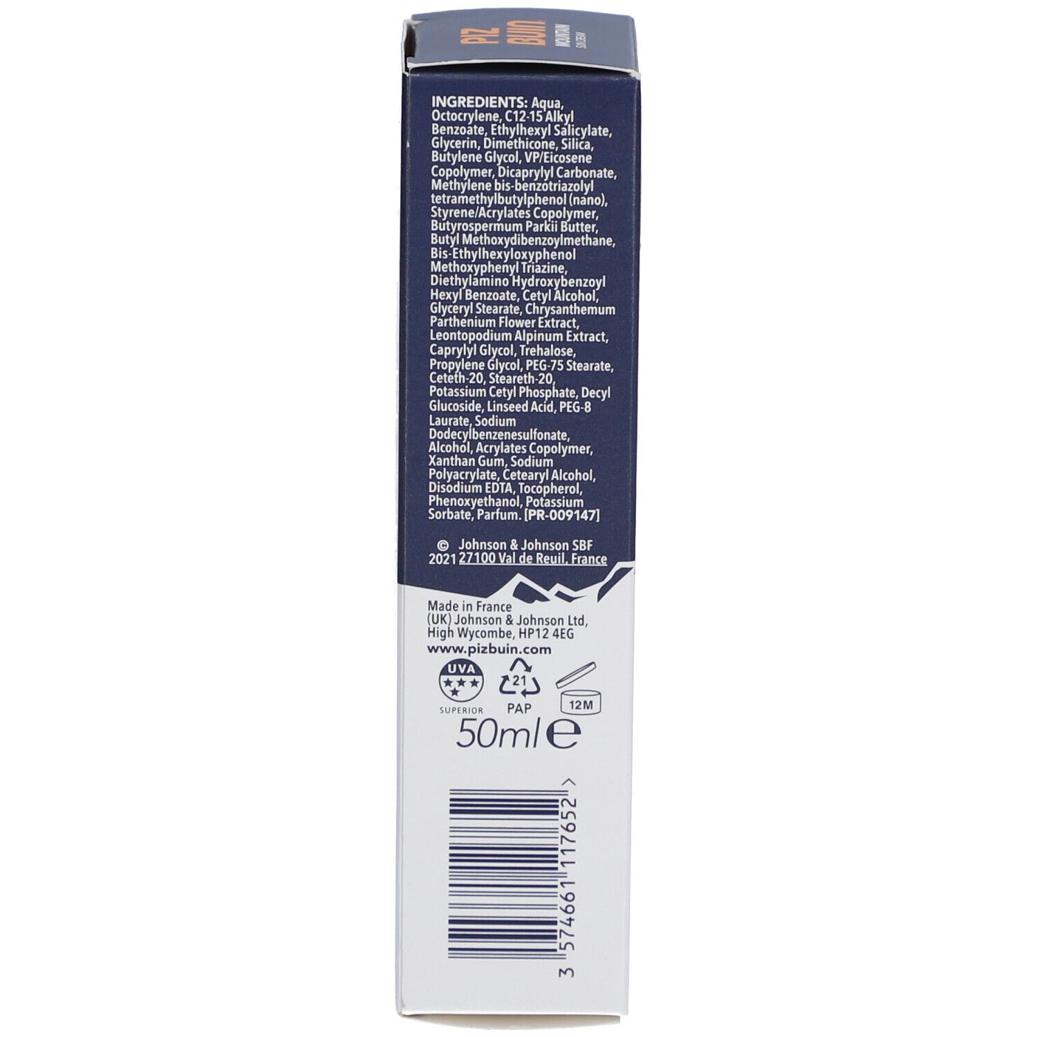 Dos de la boîte. Ingrédients. Texte. Logo Johnson & Johnson. 50ml.