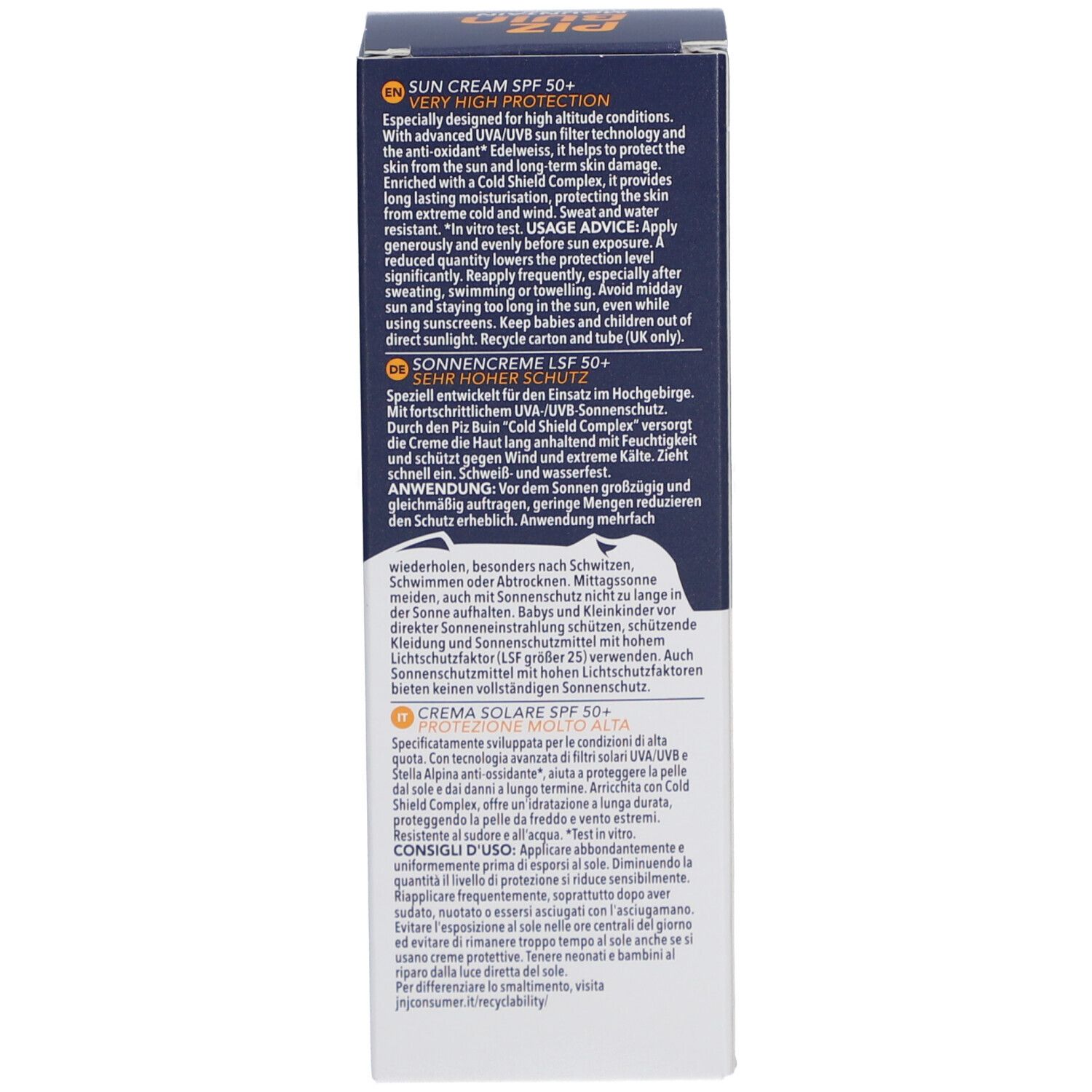 Côté de la boîte. Texte multilingue. Conseils d'utilisation. Protection UV. 50+ SPF.