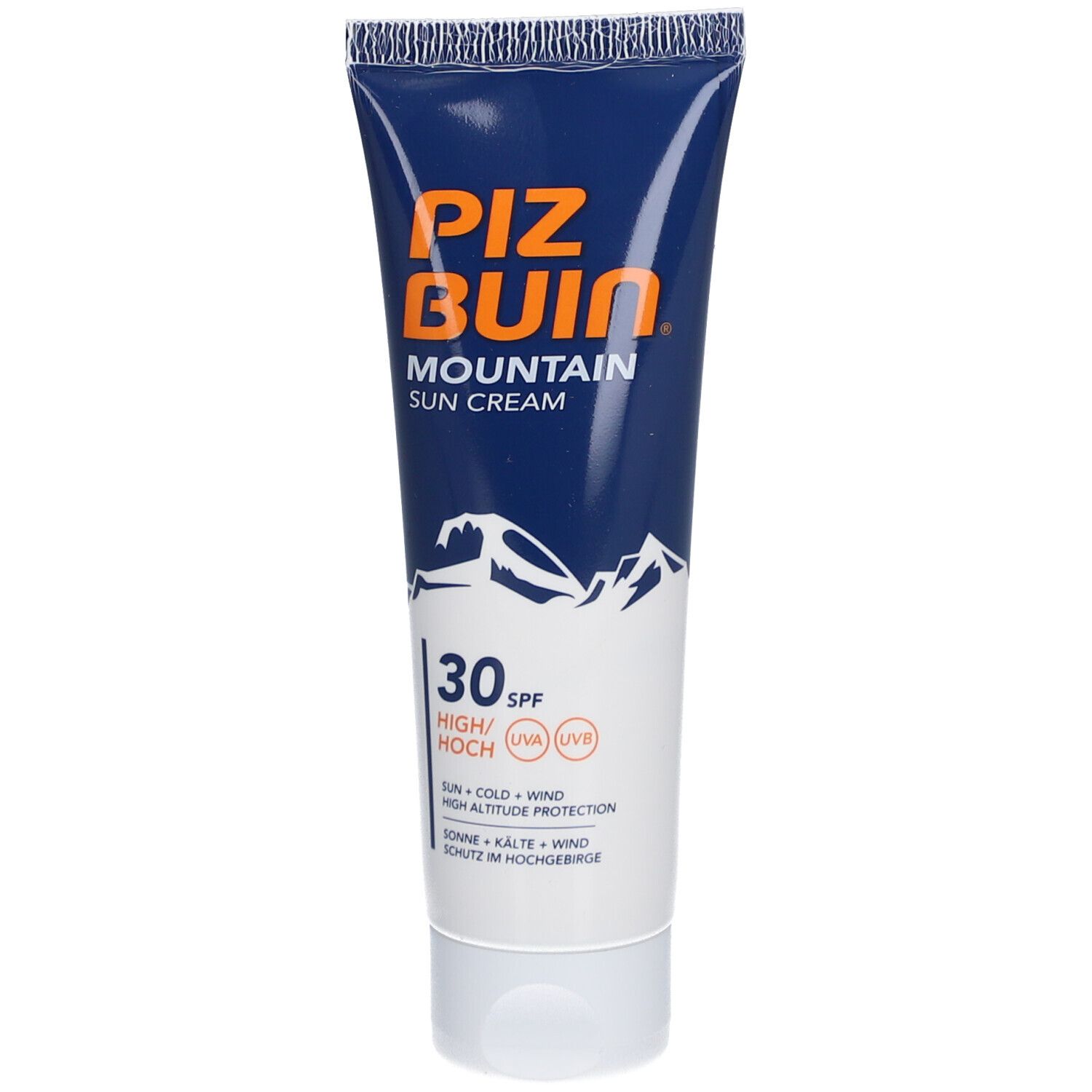 Tube bleu et blanc. Inscription : PIZ BUIN MOUNTAIN SUN CREAM, SPF30. Montagnes illustrées. Protection solaire pour haute altitude.