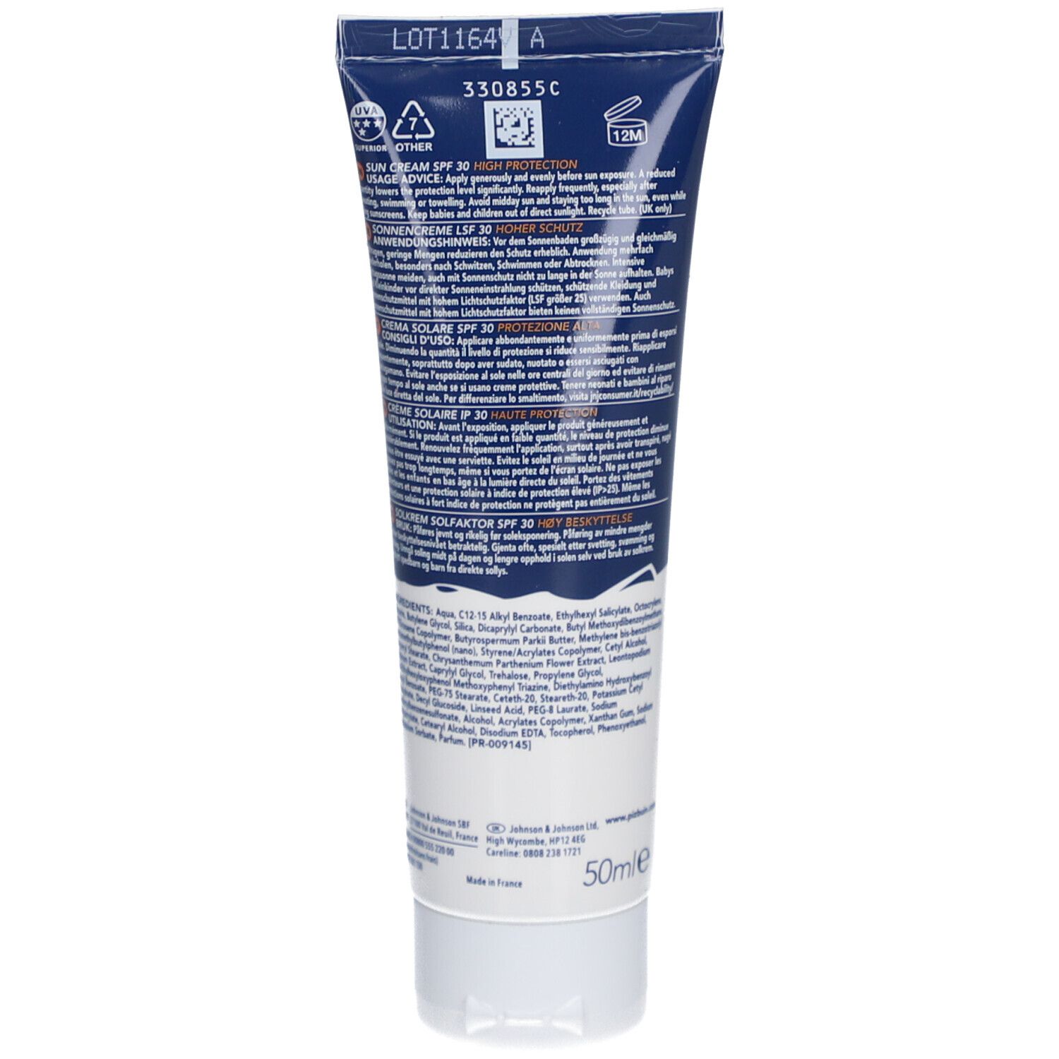 Dos du tube. Texte multilingue. Ingrédients, informations fabricant et symbole de recyclage.