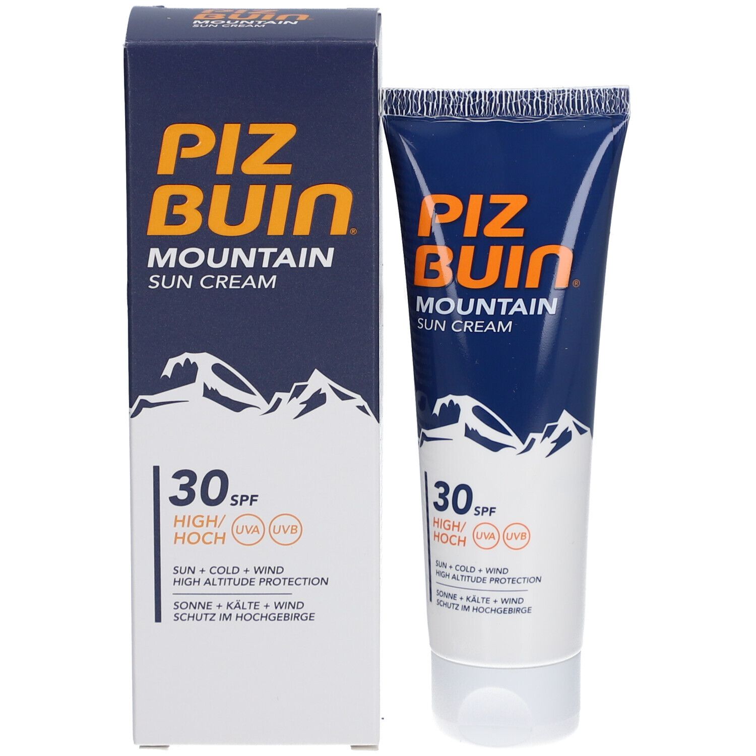 Emballage du produit. Tube et boîte. Inscription : PIZ BUIN MOUNTAIN SUN CREAM, SPF30. Montagnes illustrées. Protection solaire.
