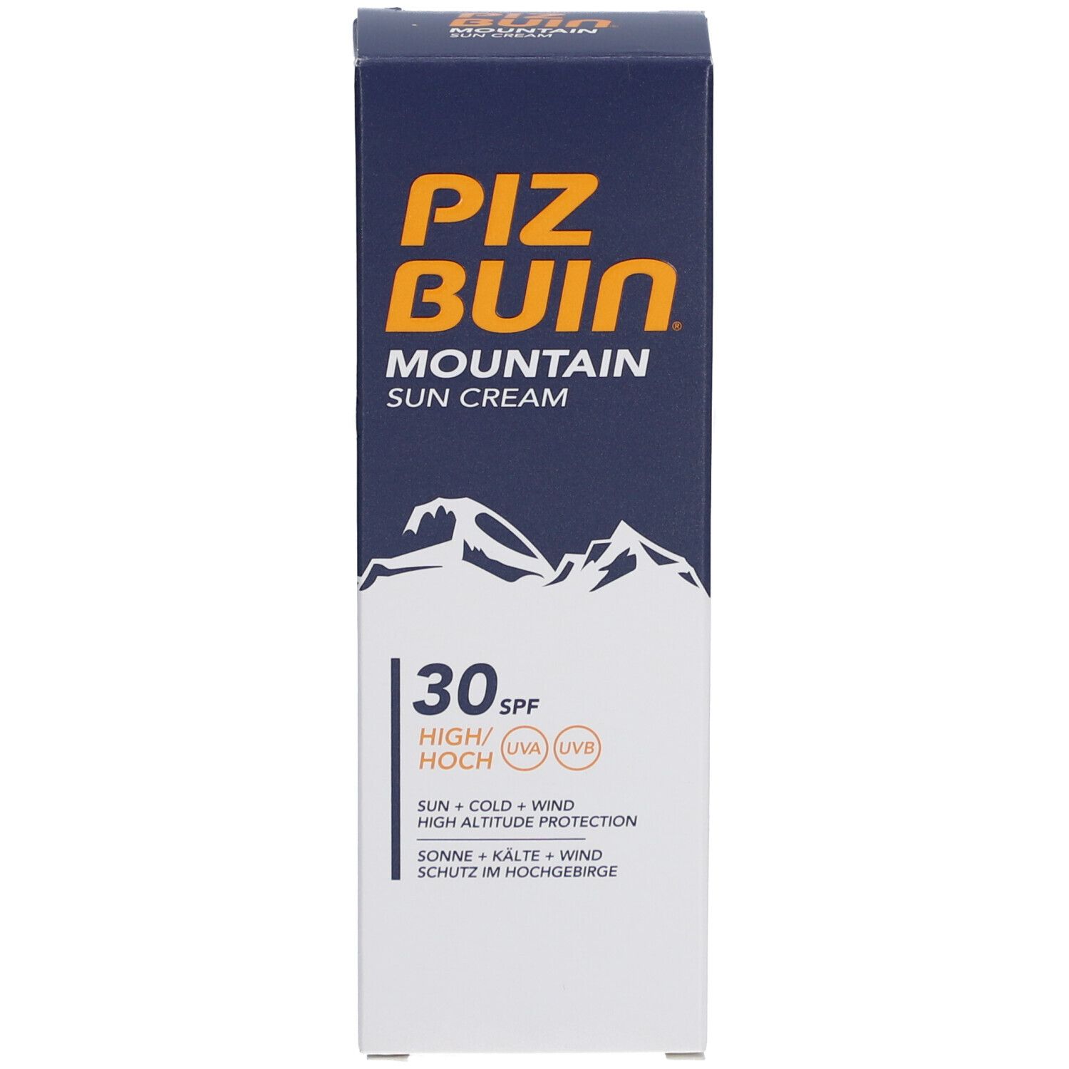 Boîte blanche avec dessus bleu. Inscription : PIZ BUIN MOUNTAIN SUN CREAM, SPF30. Montagnes illustrées. Protection solaire haute altitude.