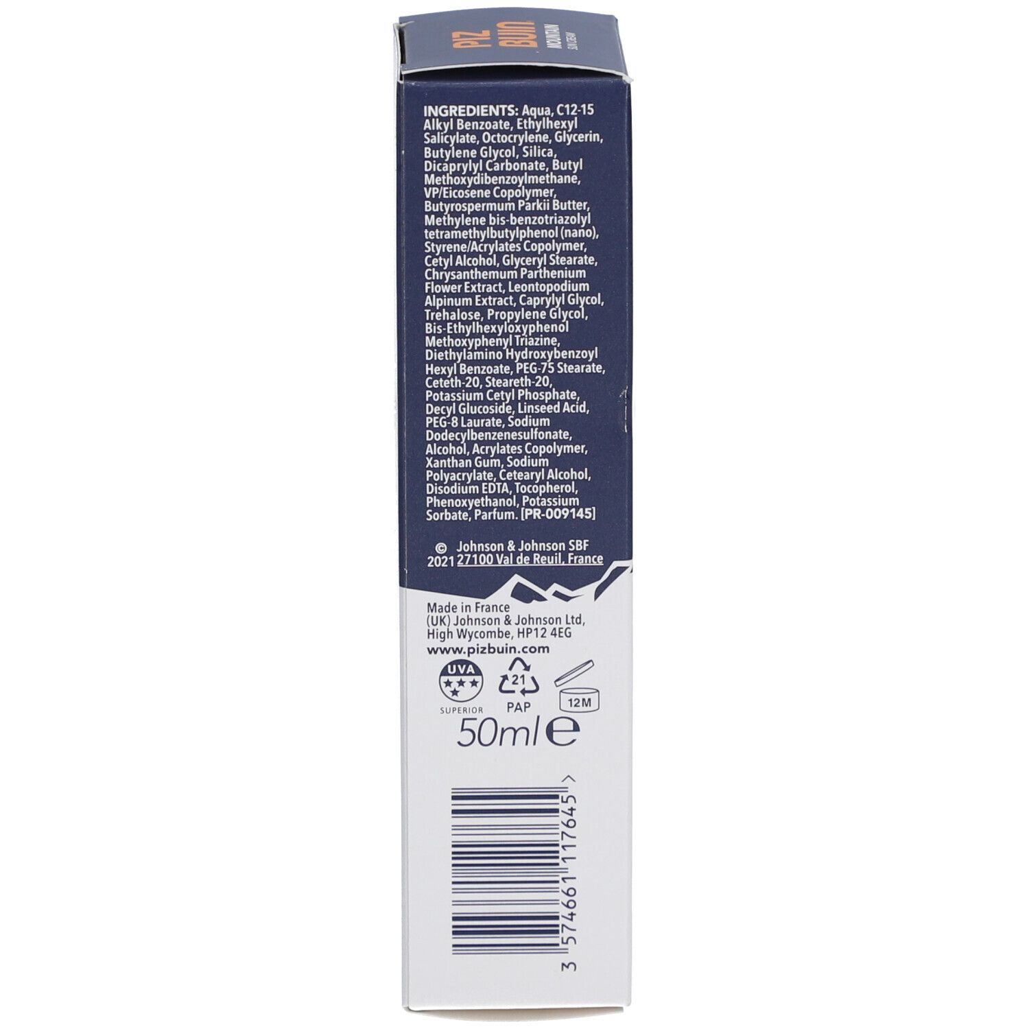 Dos de la boîte. Ingrédients, informations fabricant, symbole de recyclage et code-barres.