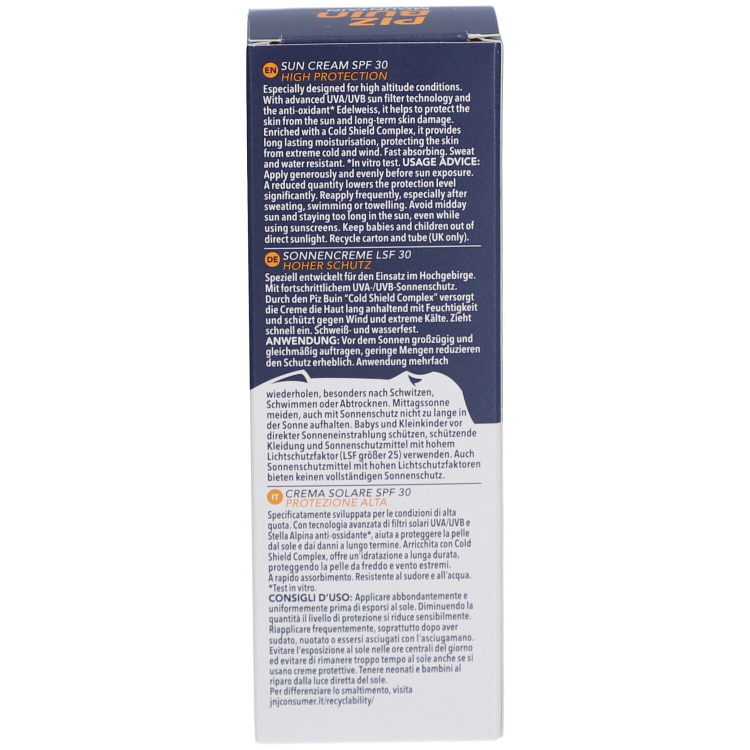 Côté gauche de la boîte. Texte multilingue. Conseils d'utilisation et informations sur la protection solaire.