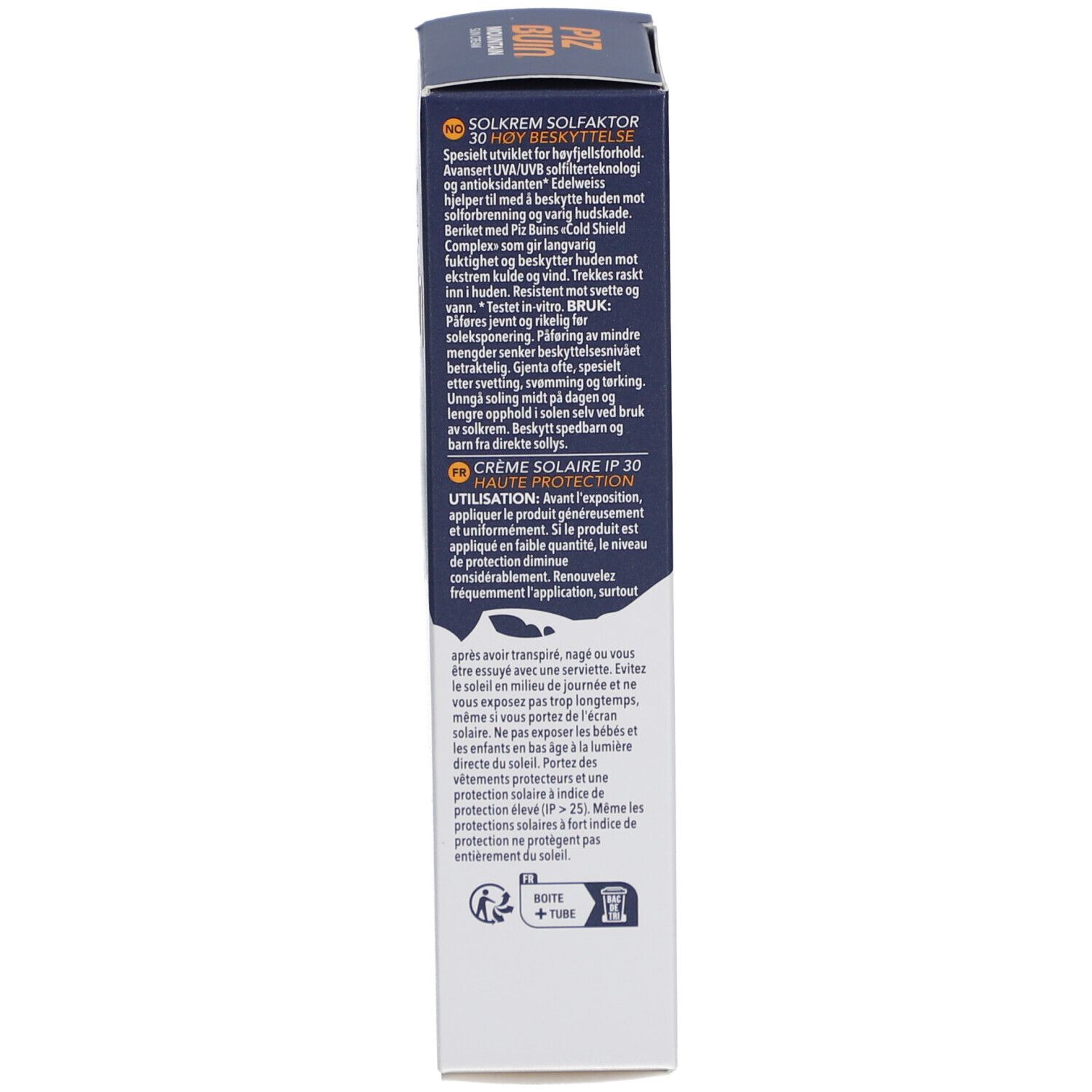 Côté droit de la boîte. Texte multilingue. Conseils d'utilisation et informations sur la protection solaire.