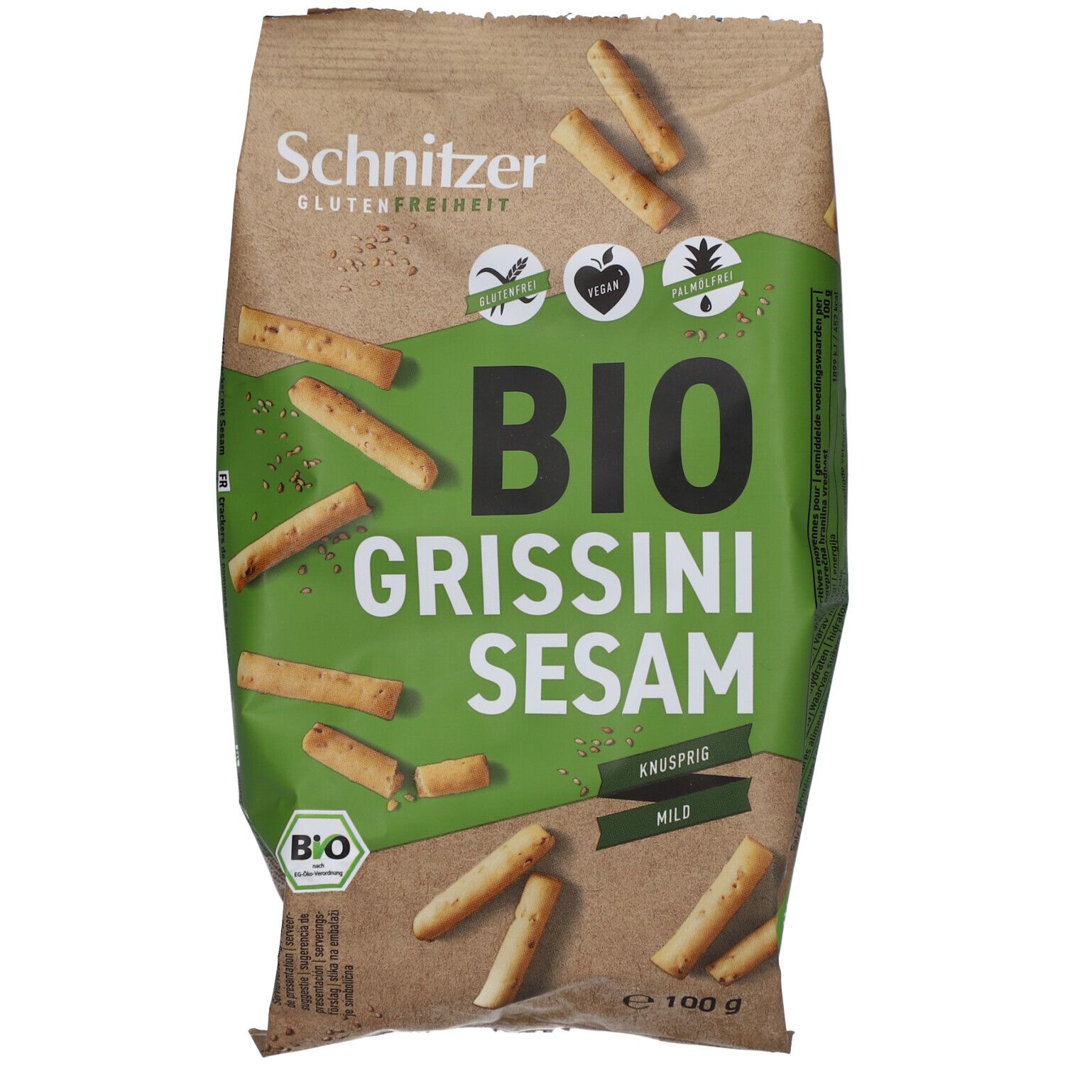 Paquet de grissini au sésame sans gluten. Écriture verte, fond marron. Label bio.