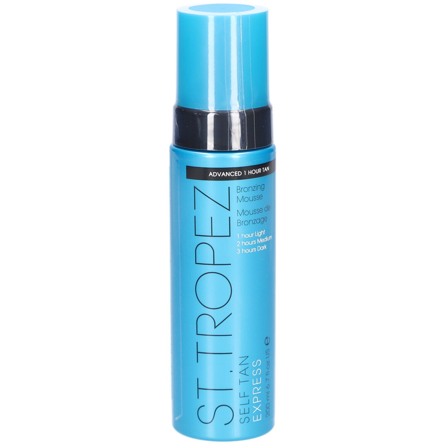 Flacon bleu turquoise avec bouchon bleu. Inscription : St.Tropez Self Tan Express Bronzing Mousse.