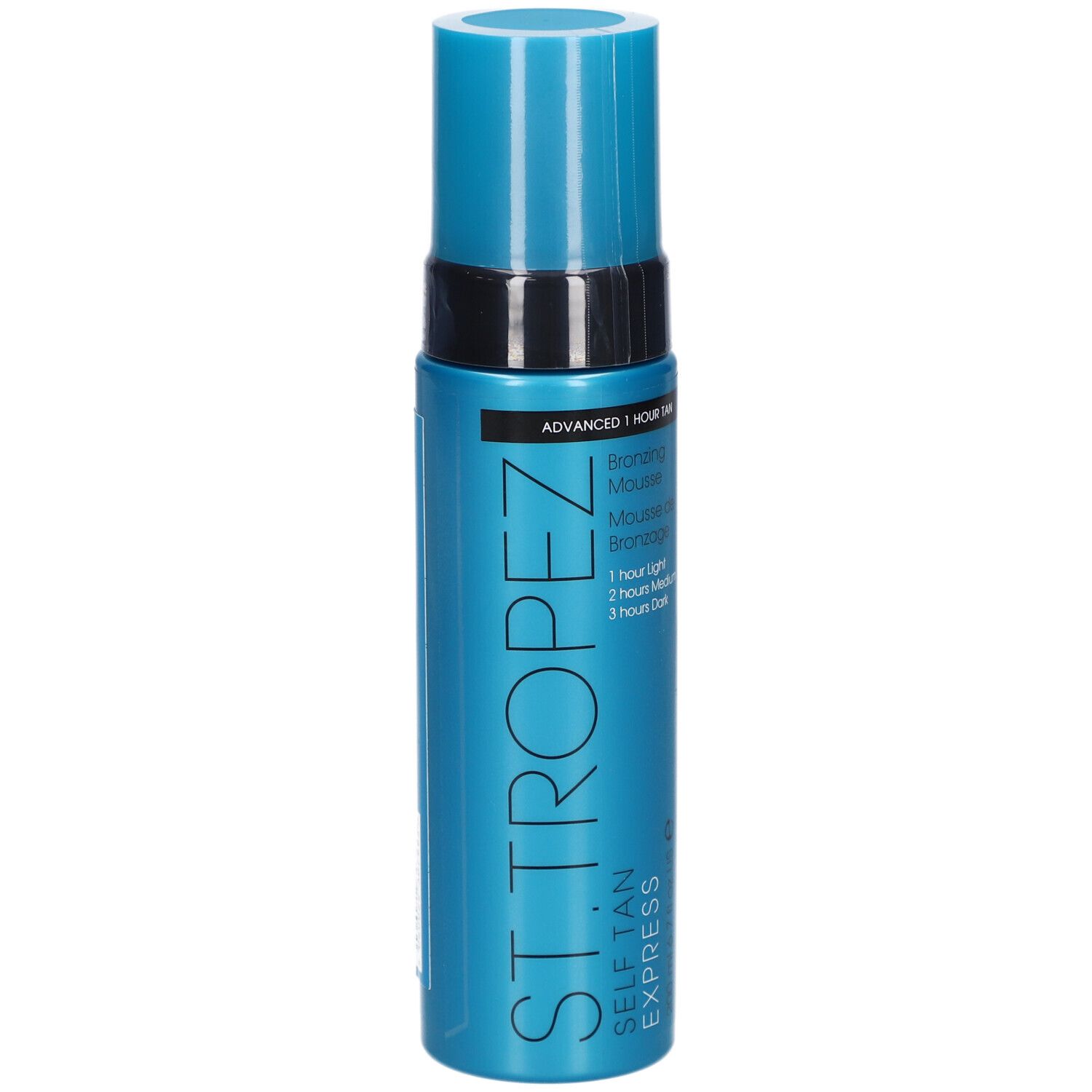 Flacon bleu turquoise avec bouchon bleu. Inscription : St.Tropez Self Tan Express Bronzing Mousse.