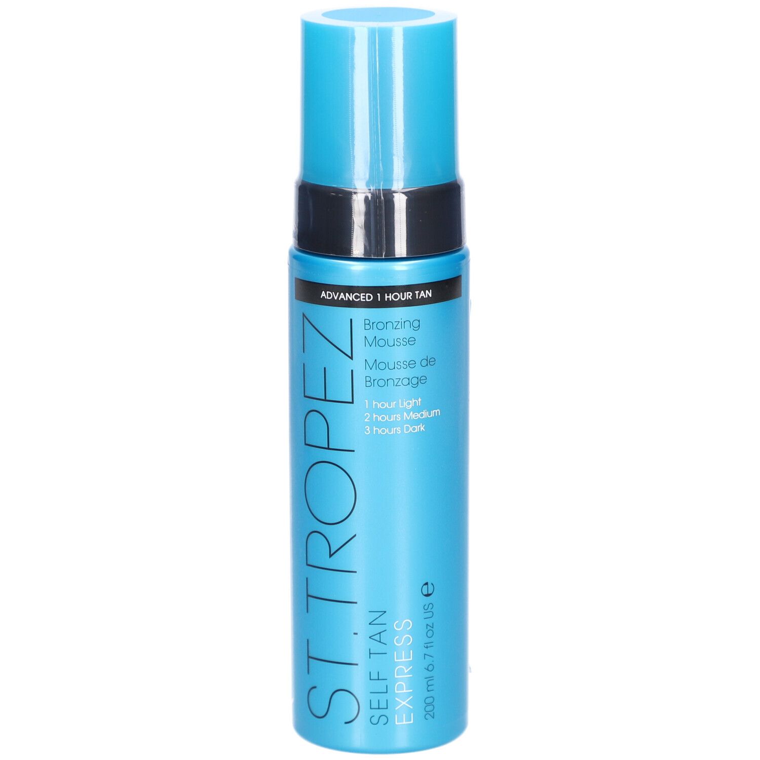 Flacon bleu turquoise avec bouchon bleu. Inscription : St.Tropez Self Tan Express Bronzing Mousse.