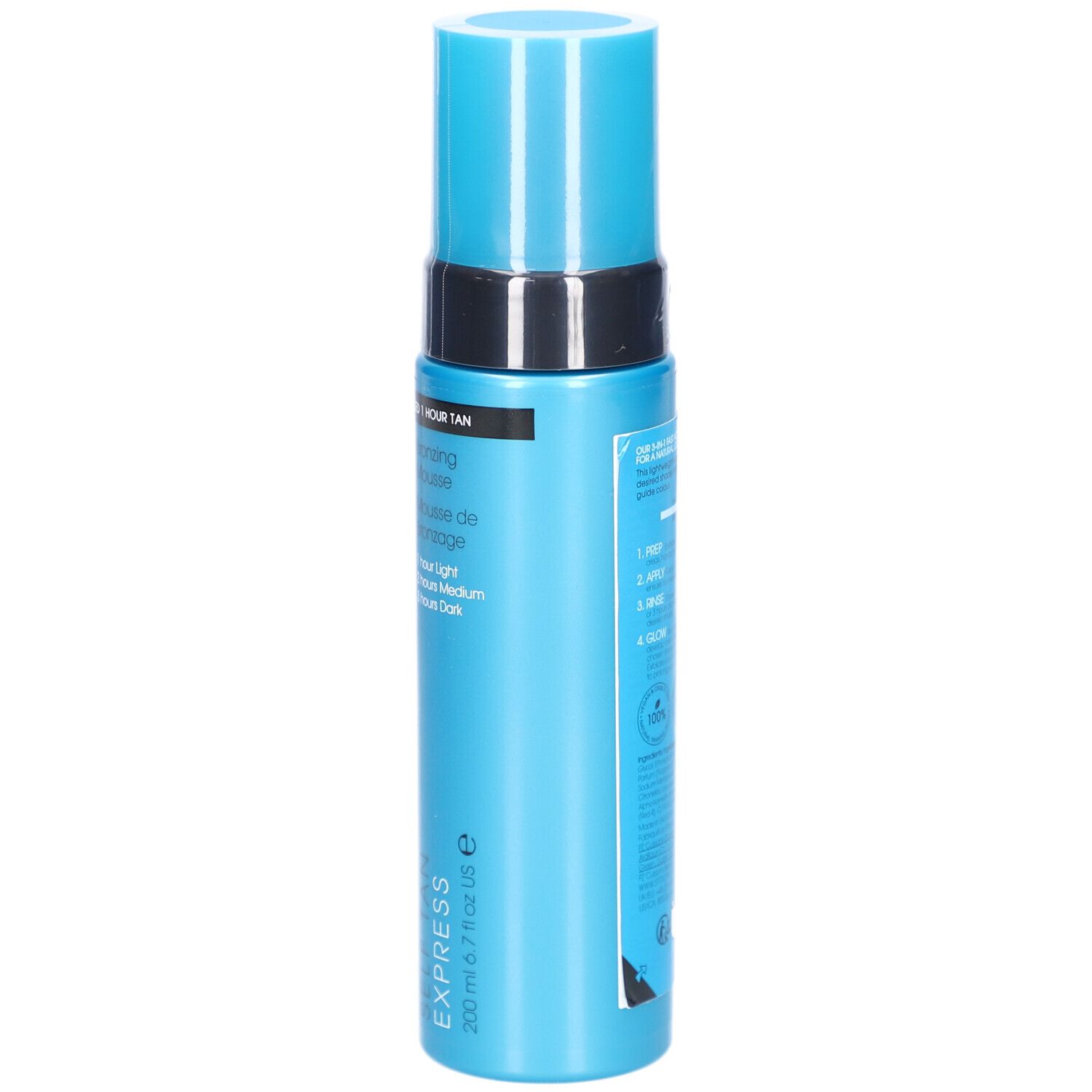 Flacon bleu turquoise avec bouchon bleu. Inscription : St.Tropez Self Tan Express Bronzing Mousse.