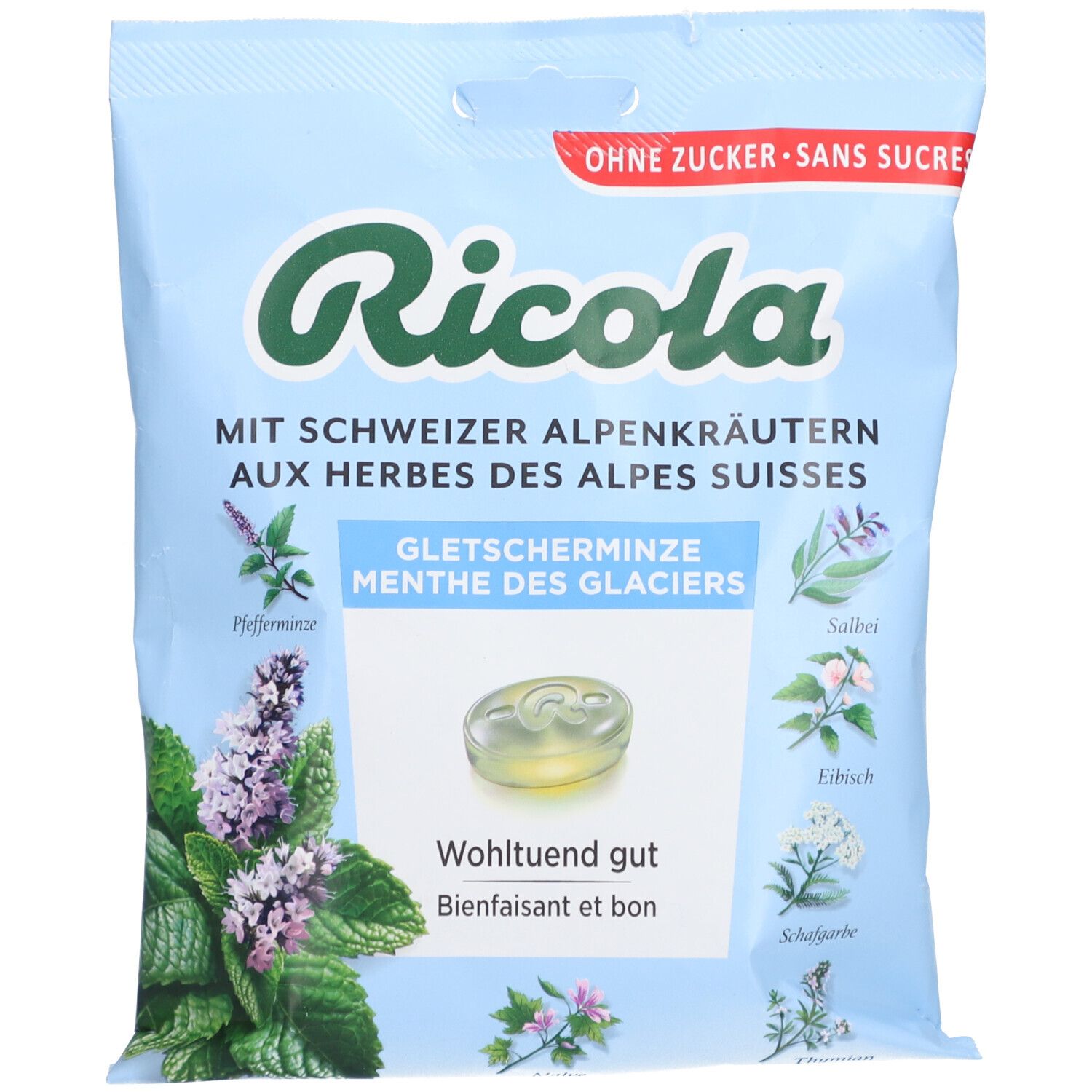 Sachet bleu clair Ricola. Bonbons Gletscherminze sans sucre. Menthe poivrée et sauge illustrées. Inscription: "Sans sucre".