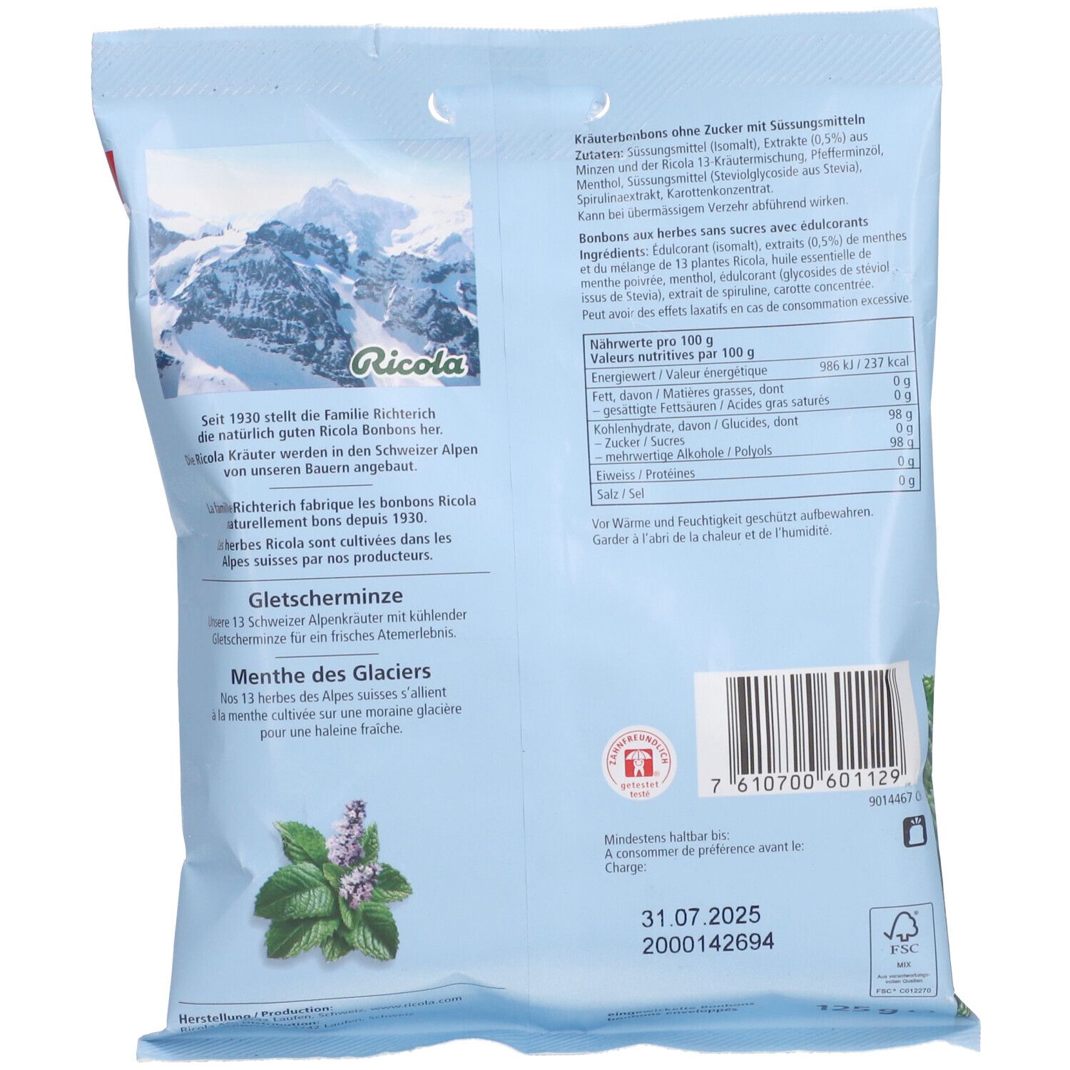 Dos du sachet Ricola. Texte sur la fabrication et les ingrédients. Code-barres et date de péremption.