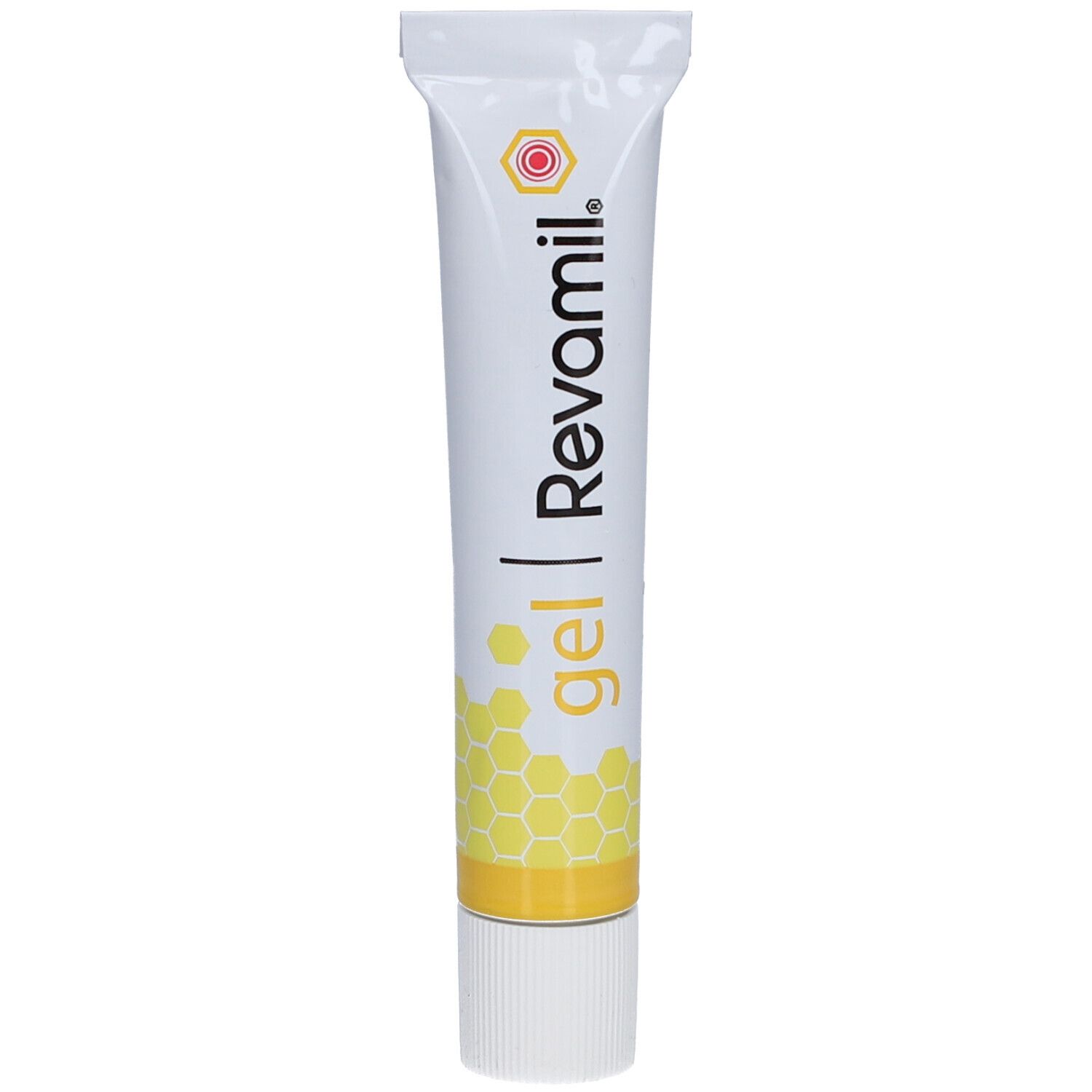 Tube de gel jaune. Inscription : gel | Revamil. Motif en nid d'abeille jaune.