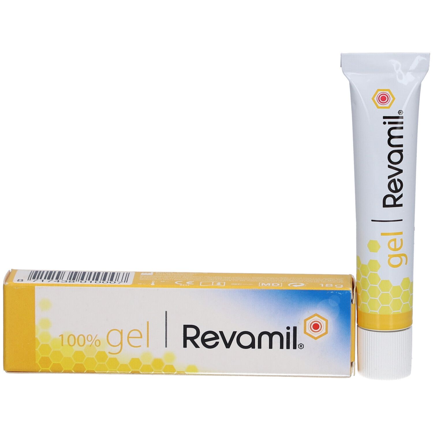 Tube et boîte. Inscription : 100% gel | Revamil. Motif en nid d'abeille jaune.