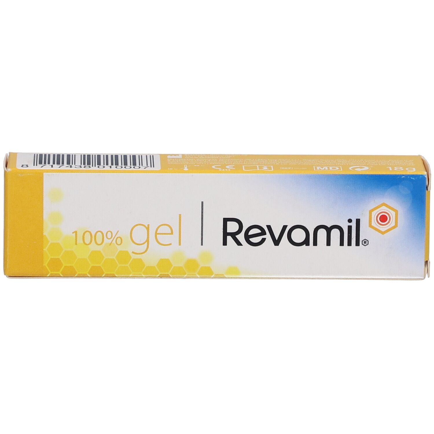 Boîte. Inscription : 100% gel | Revamil. Motif en nid d'abeille jaune.