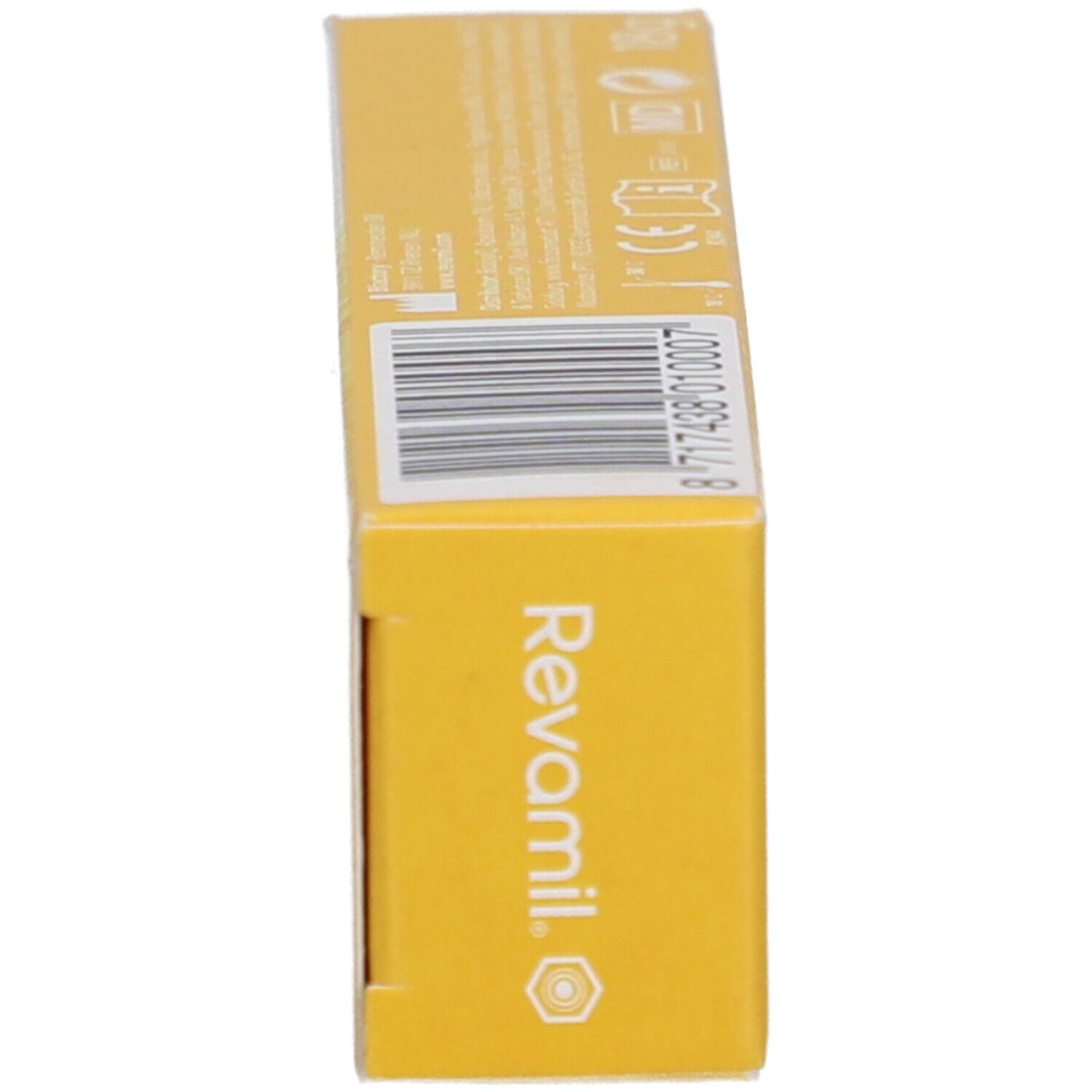Boîte, vue latérale. Inscription : Revamil. Code-barres et autres informations.