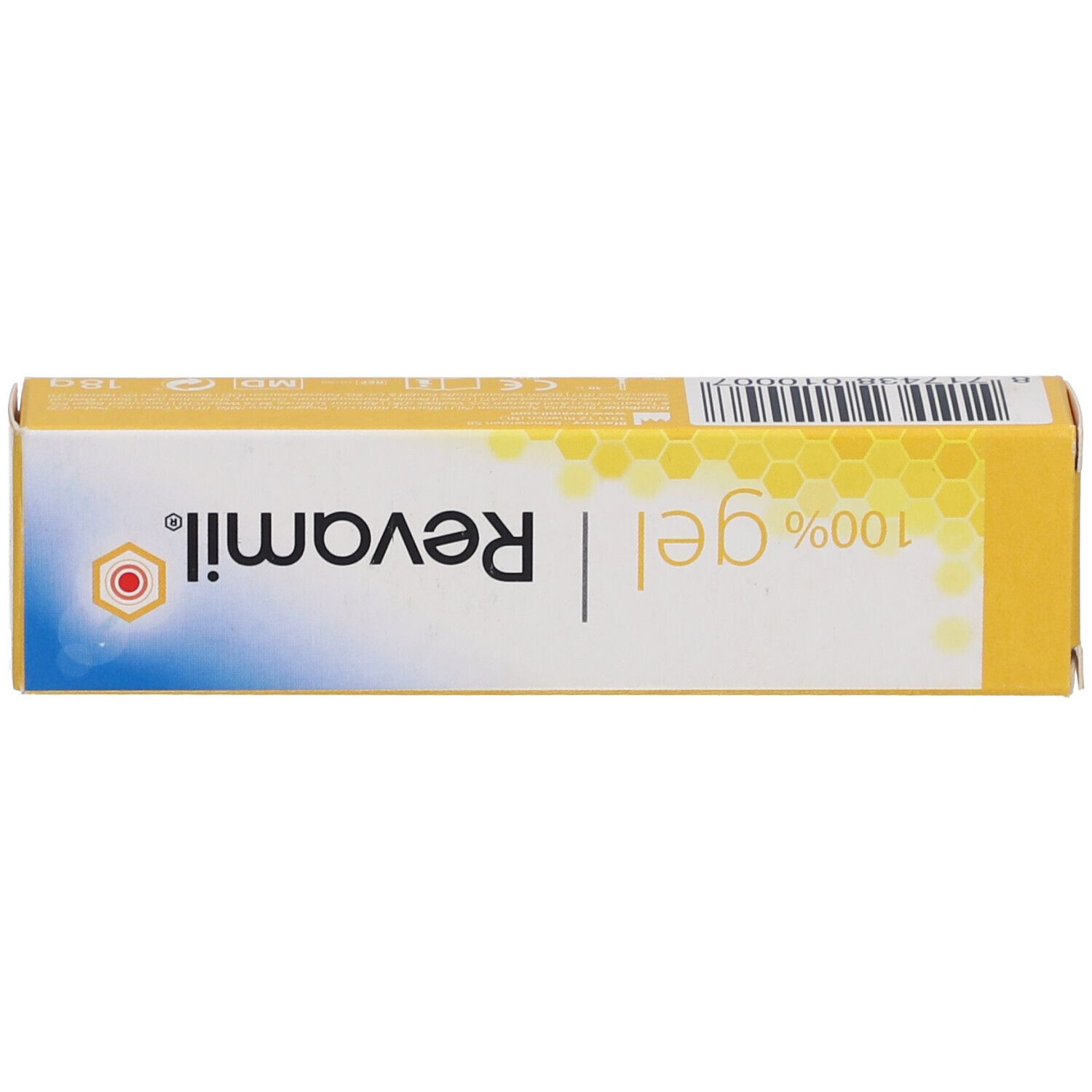 Boîte. Inscription : 100% gel | Revamil. Motif en nid d'abeille jaune.