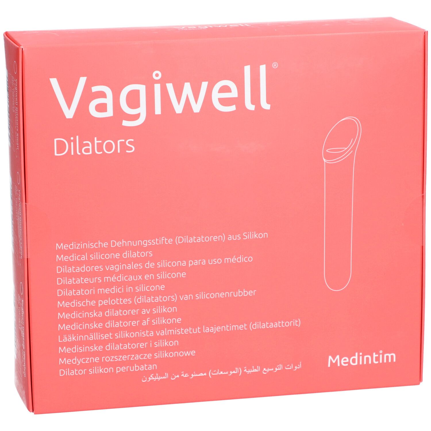 Emballage Vagiwell Dilatateurs, rose, avec illustration d'un dilatateur.